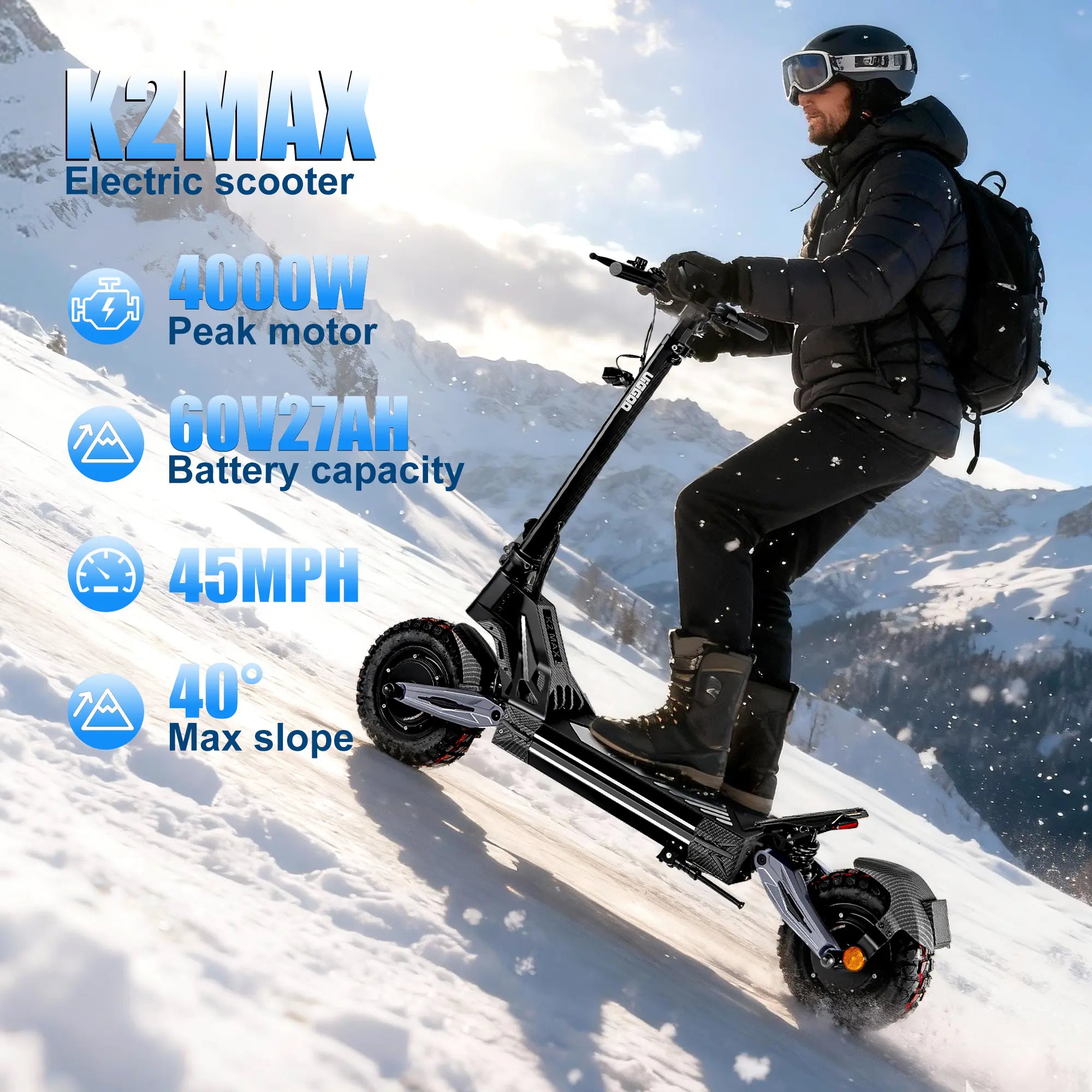 K2MAX Adult Electric Scooter, with a Speed of 45MPH, a 4000W Motor, NFC Card Unlocking, 60V 27Ahbattery, the Longest Riding Distance Is 42 Miles, Equippedwith Front and Rear Shock Absorbers, and a Foldableelectric Scooter