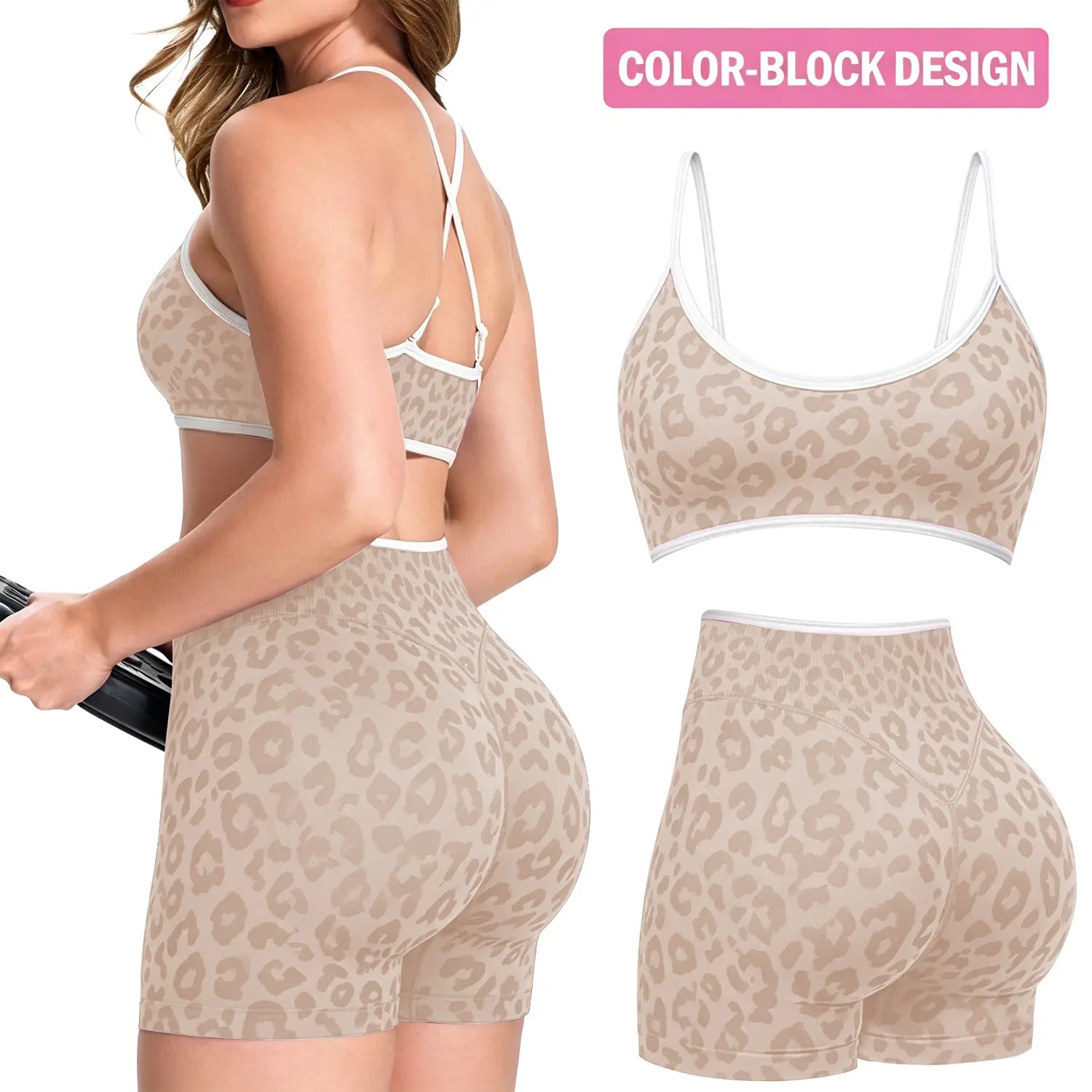 Jetjoy 2 Pieces Workout Sets for Women, Leopard Womens 2 Piece Workout Sets Seamless Color Block Spaghetti Straps Sports Bra Scrunch Butt Lifting High Waist Shorts Gym Set Tracksuit