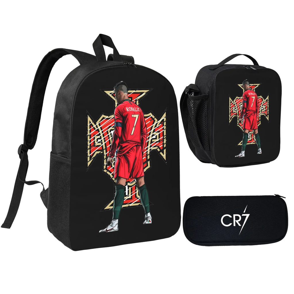 CR7 Soccer School Backpack Set for School Bag with Lunch Bag Pencil Case 3Pcs Set Idea for Student School