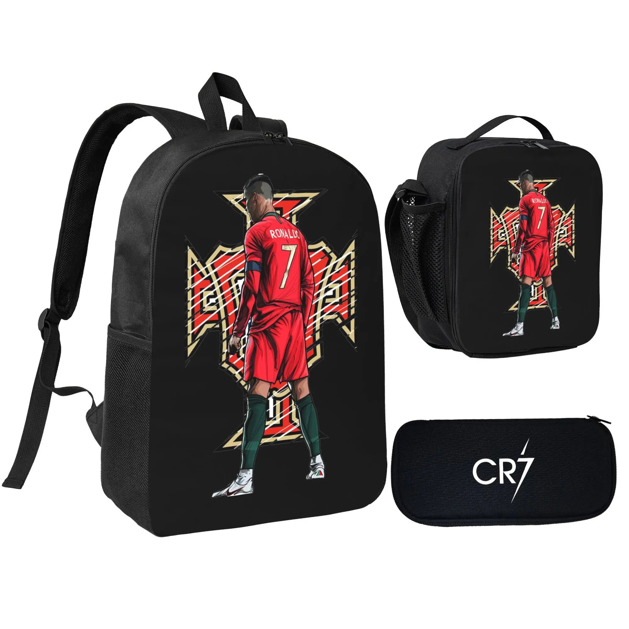 CR7 Soccer School Backpack Set for School Bag with Lunch Bag Pencil Case 3Pcs Set Idea for Student School