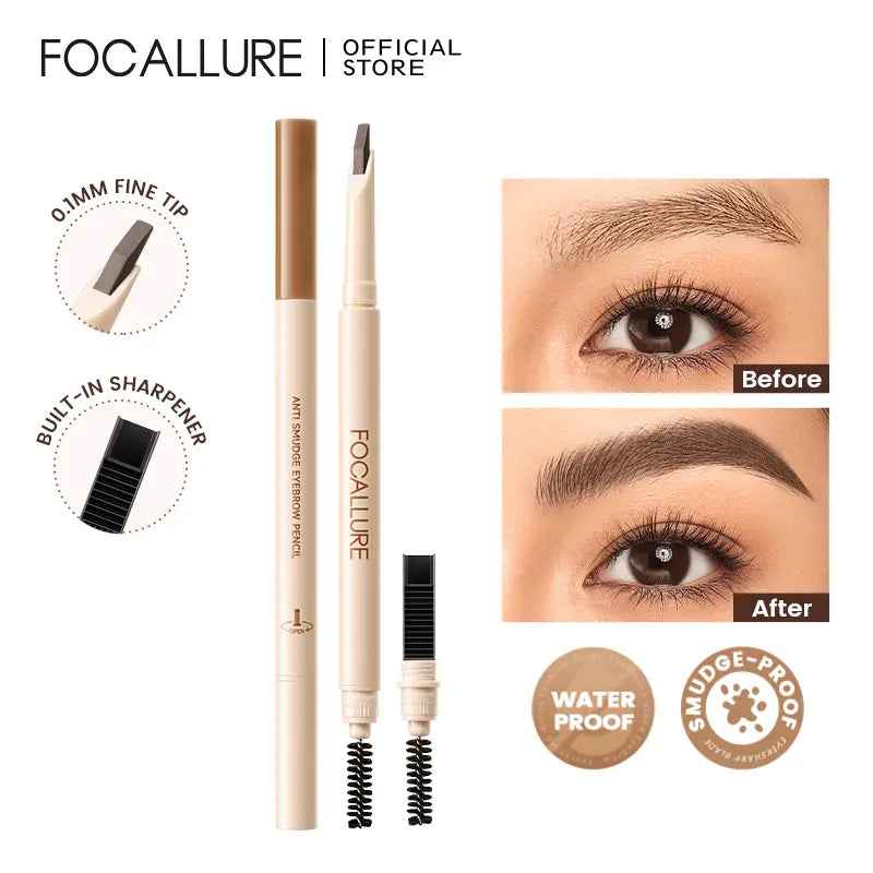 FOCALLURE Eversharp Blade Cosmetic Eyebrow Pencil with Sharpener, Waterproof, Smudge-Proof, High Pigmented, Break-Resistant, Non-Caking, Smooth Pre-Filled Natural-Looking Makeup Eyebrow Pencil
