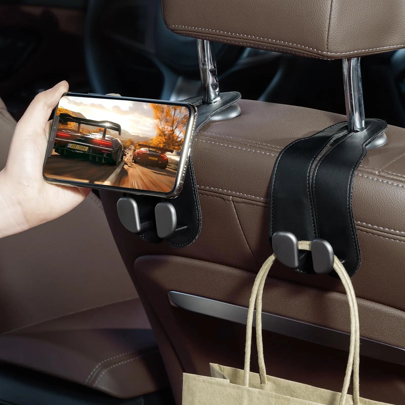 Car Seat Headrest Hooks - 2 Pack Universal Car Purse Hook, Leather Car Bag Purse Holder with Double Metal Hooks for Handbags, Grocery Bags, Bottles, Phones