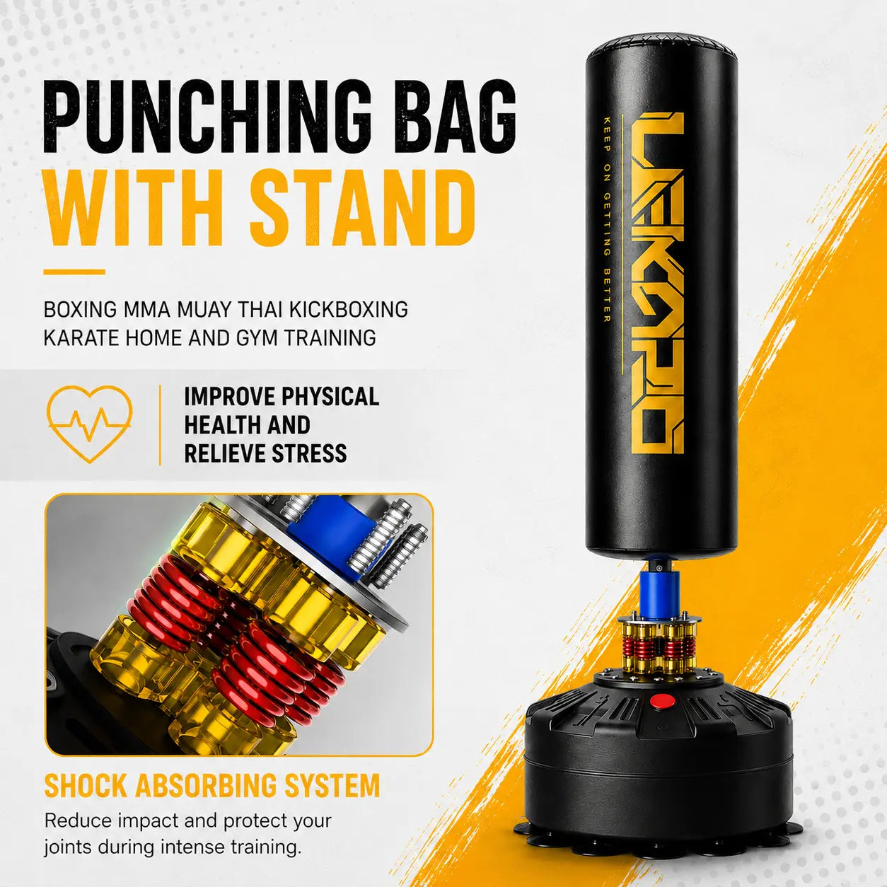 LEKÄRO Punching Bag with Stand, Freestanding Heavy Boxing Bag with Gloves, Stable Base, Fast Rebound for Home Gym Training | Ships in 2 Packages