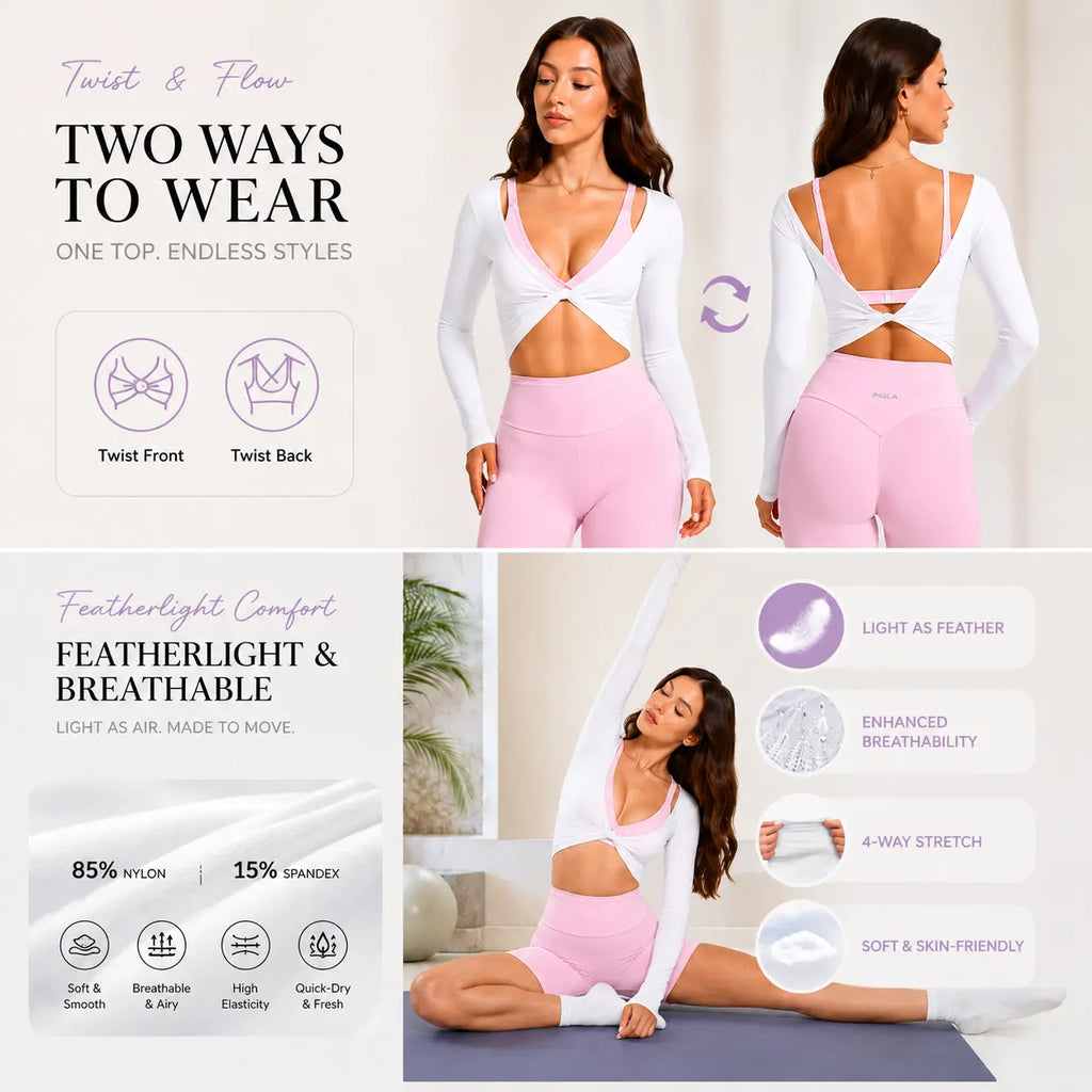 2026 Fireswan 2-Way Wear Twist Front & Back Long Sleeve Yoga Top Women'S Backless Workout Crop Top Soft Stretch Activewear