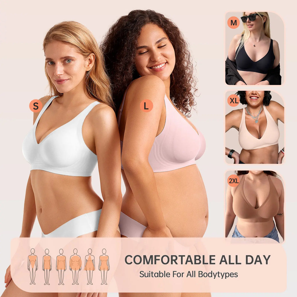 Vertvie Jelly Bra Polka Dots Deep V Seamless Bras Wireless Everyday T-Shirt Bra Plunge with Wide Straps Comfort & Sexy