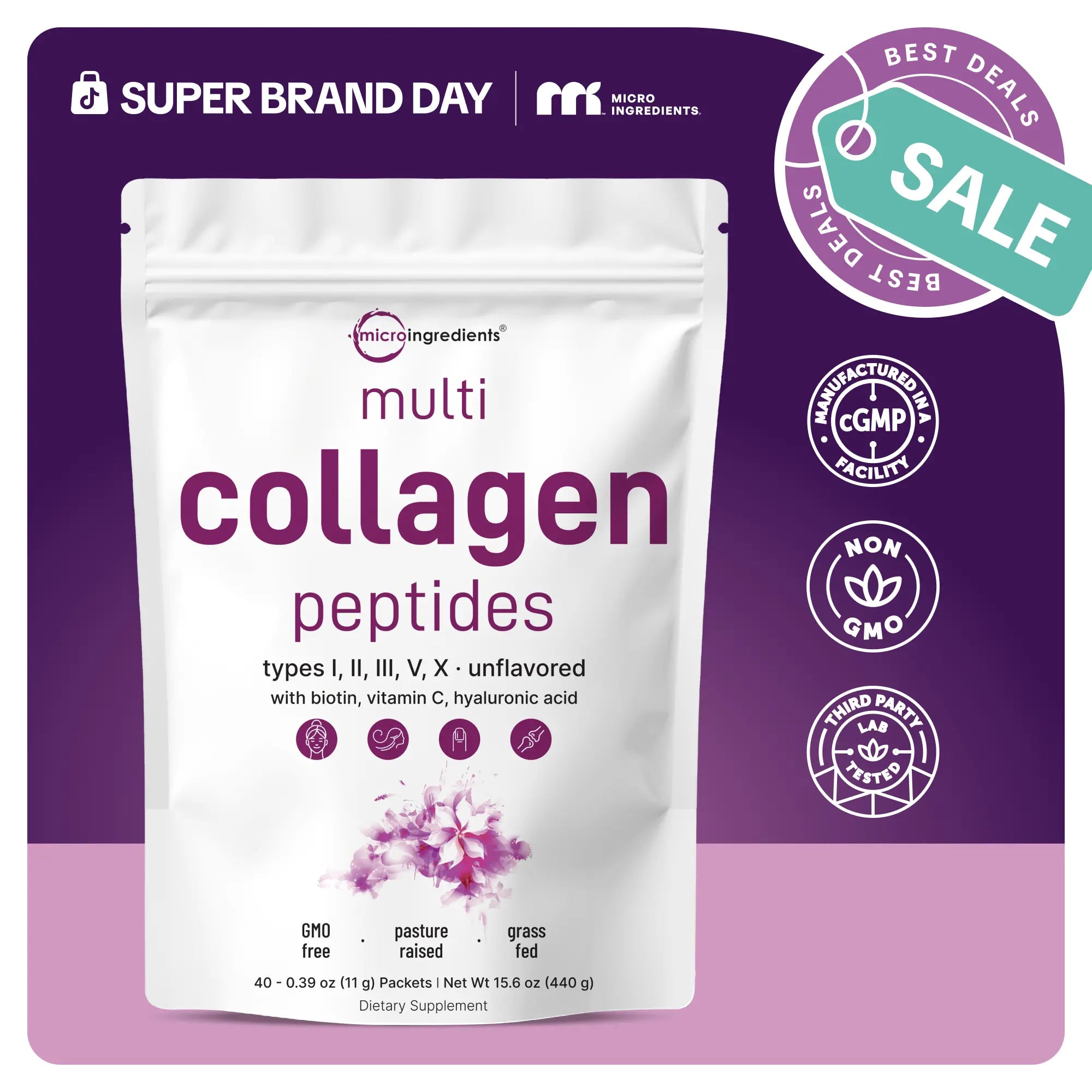 Micro Ingredients Multi Collagen Peptides Powder - Hydrolyzed Protein Peptides (Type I,II,III,V,X) with Hyaluronic Acid, Biotin & Vitamin C Unflavored