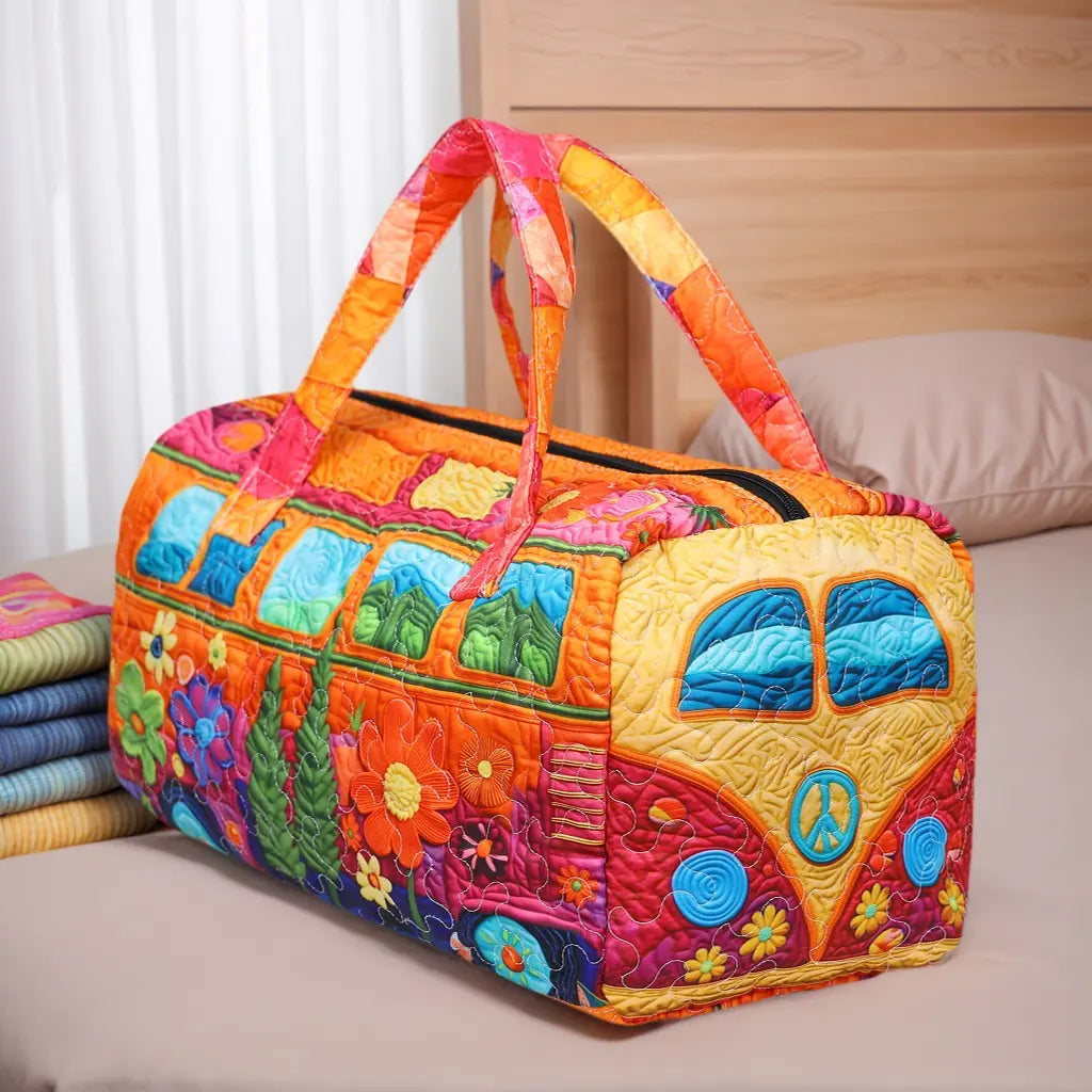 Boho Quilted Weekender Duffele Bag for Women - Vibrant Hippie-Inspired Hippie Stuff Large Tote, Lightweight Travel Bag with Soft Fabric, Adjustable Shoulder Strap, Wrist Strap, Ideal for Short Trips, Overnight Stays