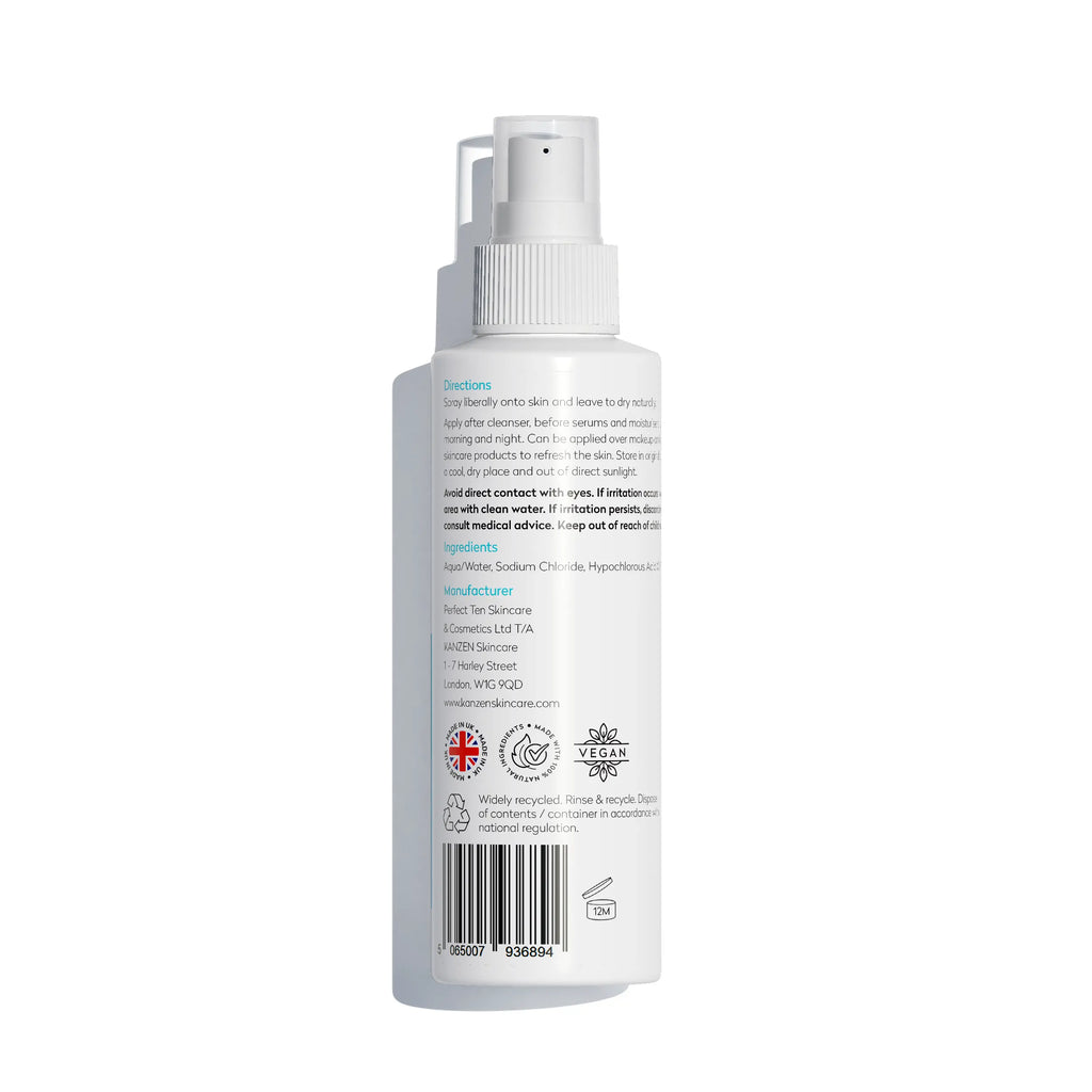 Kanzen Skincare Hypochlorous Cleansing anti Bacterial Spray 125Ml 4.2 Fl Oz | 125Ppm Hypochlorous Acid, Skincare Facial Spray | for Sensitive Skin, Acne Prone Skin, Non Comedogenic | Pure Ingredients