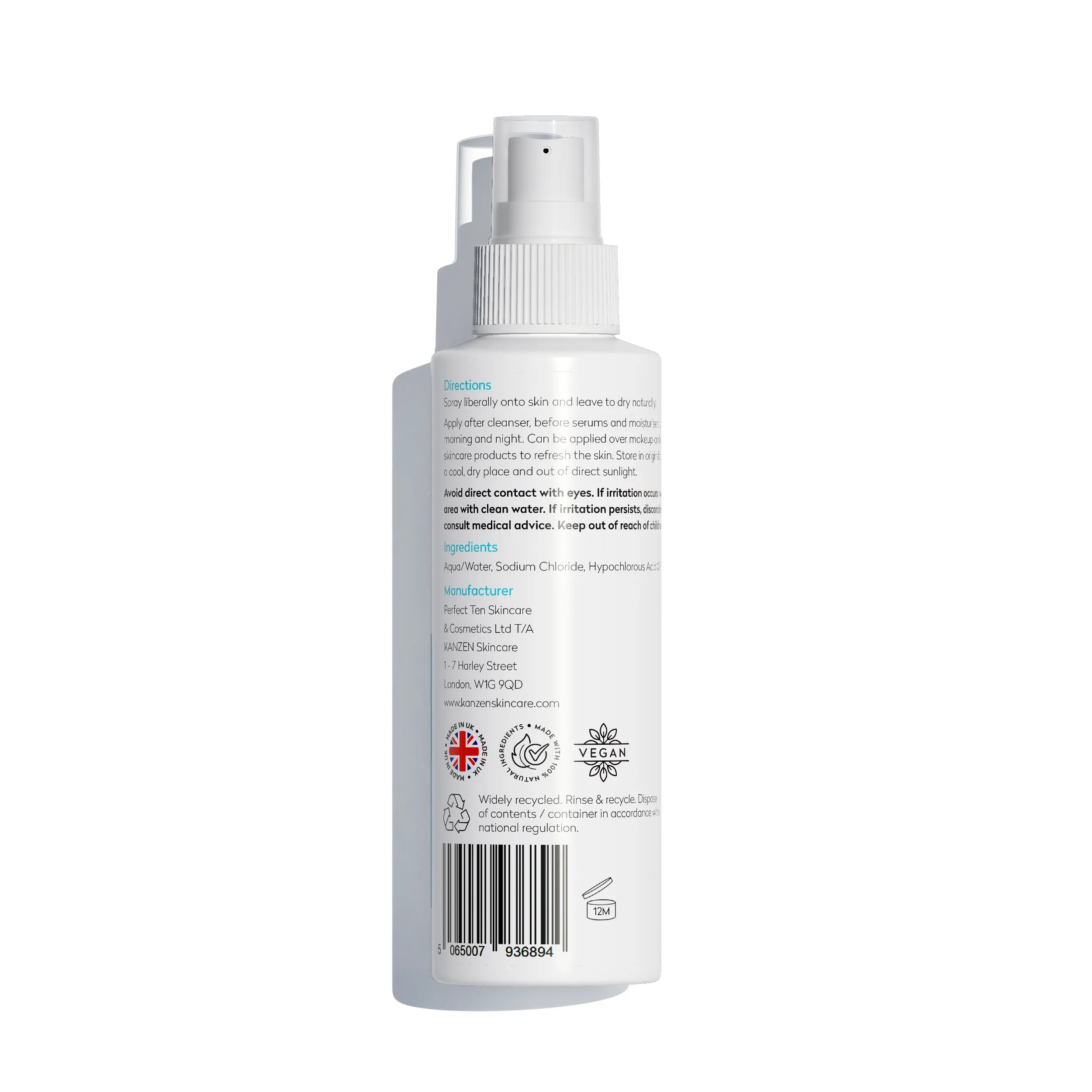 Kanzen Skincare Hypochlorous Cleansing anti Bacterial Spray 125Ml 4.2 Fl Oz | 125Ppm Hypochlorous Acid, Skincare Facial Spray | for Sensitive Skin, Acne Prone Skin, Non Comedogenic | Pure Ingredients