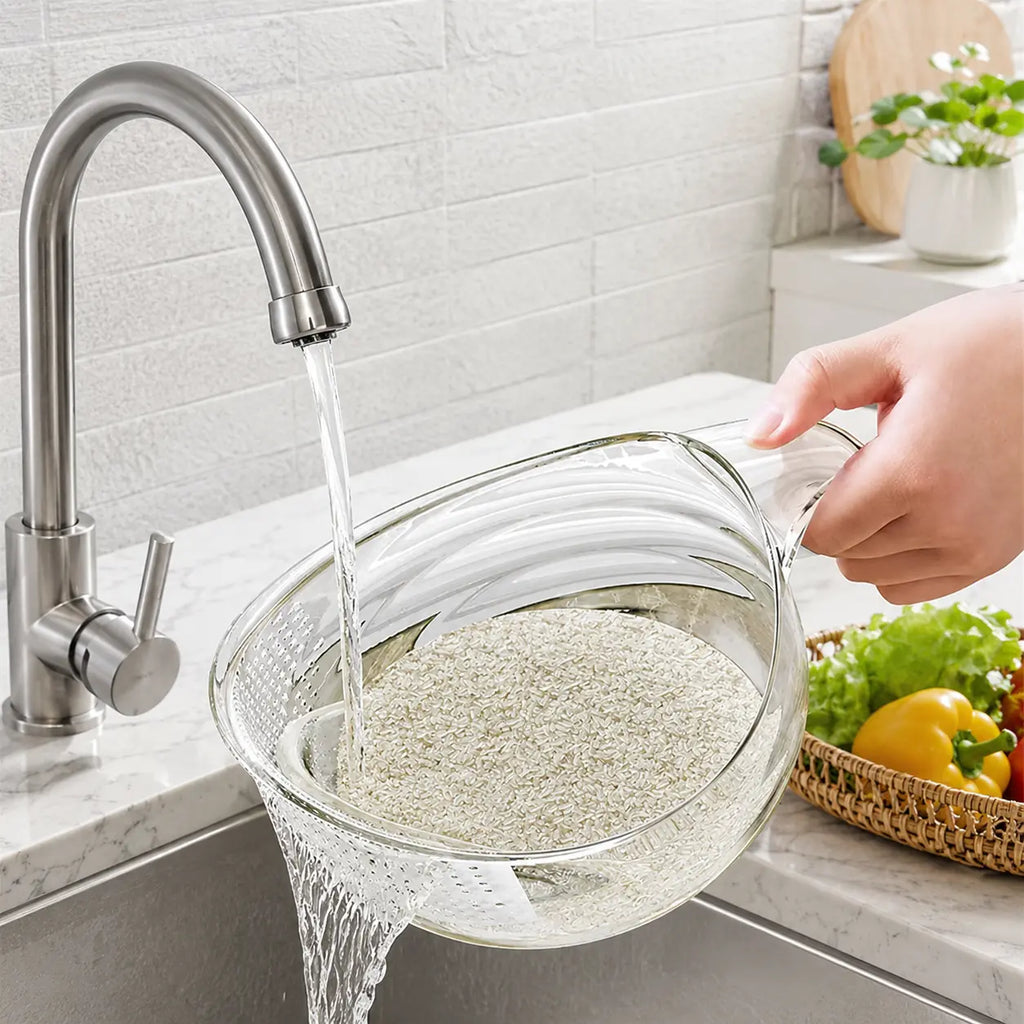 Aesthetic Multifunctional Rice Strainer with Handle - Sturdy Bpa-Free Transparent Plastic Kitchen Utensils, Colander for Draining Vegetables, Fruits, Cheese, Coffee Dispenser Set