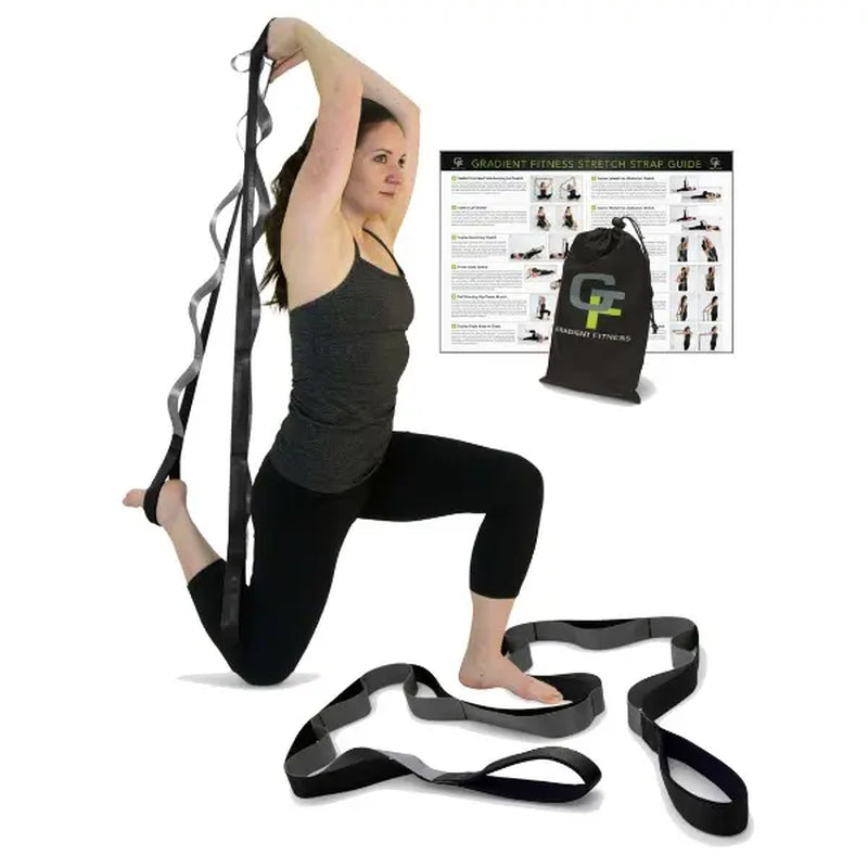 Gradient Fitness Stretching Strap Wide Grip 1.5 Inch X 8 Feet - 12 Multi Loop Non Elastic Nylon Stretch Band with Neoprene Handles, Storage Bag and 12 Exercise Poster - 4 Color Options