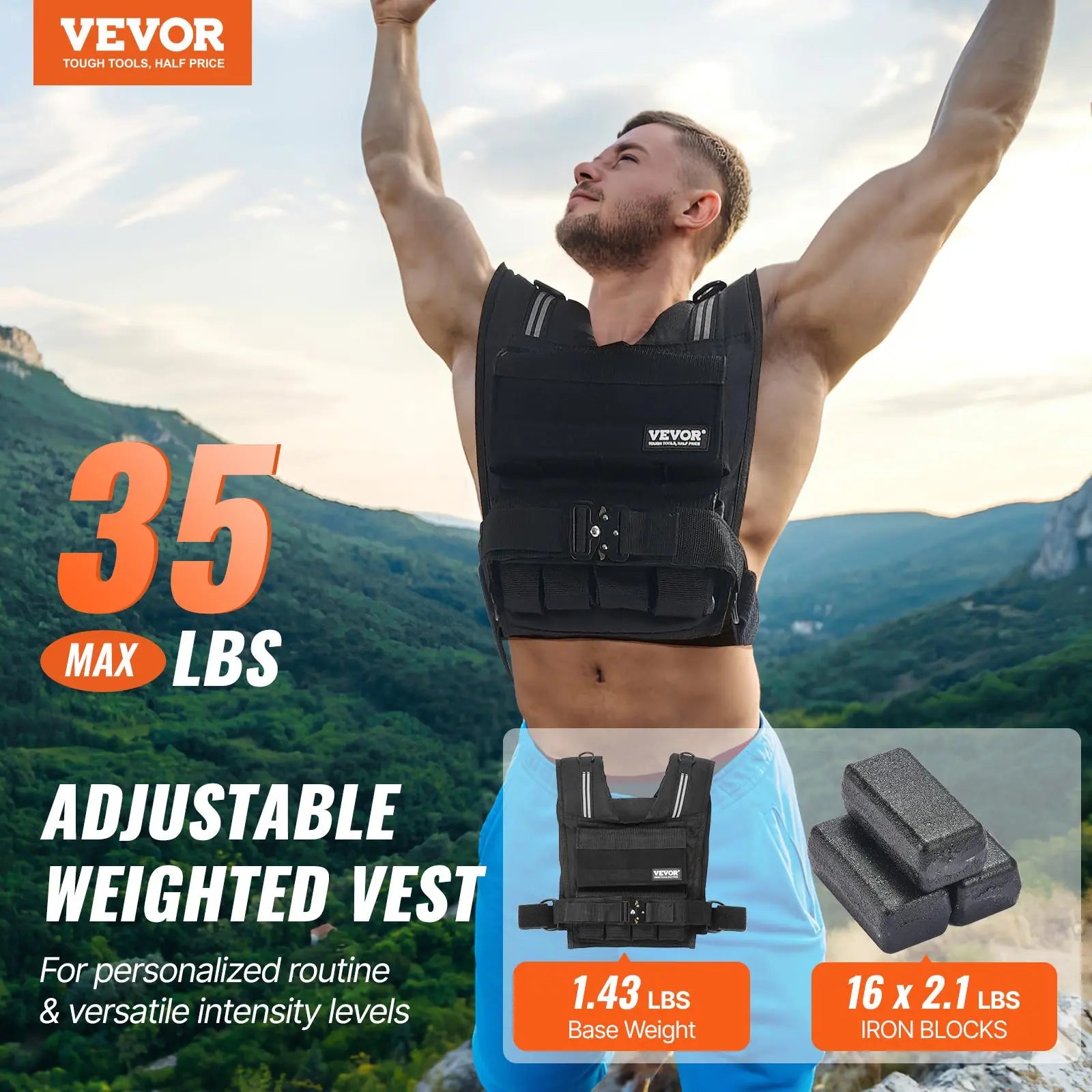 【Dealsforyoudays】Vevor Adjustable Weighted Vest, 35Lb Weight Vest with Iron Weights, Shoulder Pad, and Reflective Stripe, Body Weight Vest Exercise Set for Men Women, Workout Equipment for Strength Training Running