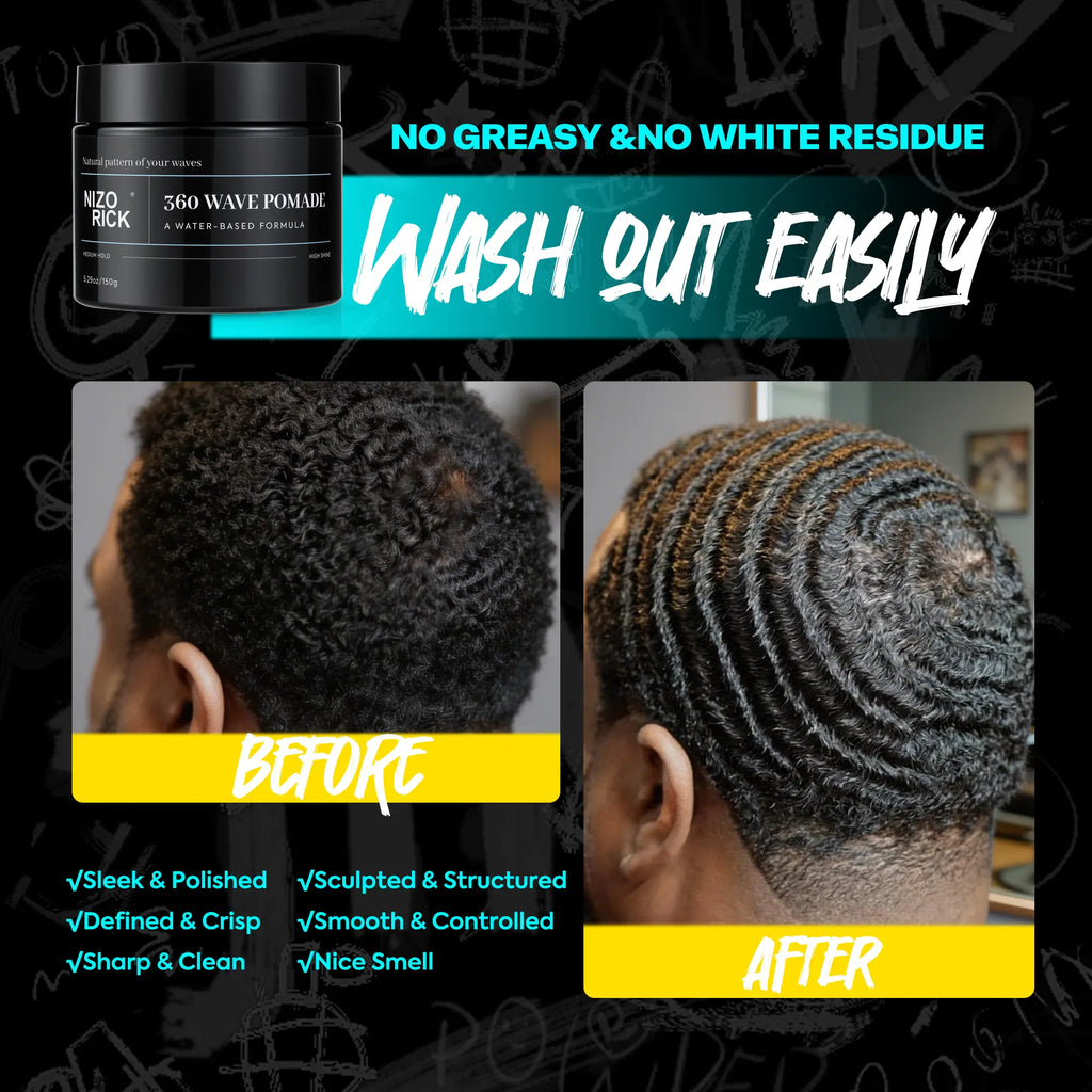 360 Wave Pomade for Men - Strong Hold Water-Based Styling for Defined Waves Non-Greasy Finish, 150G