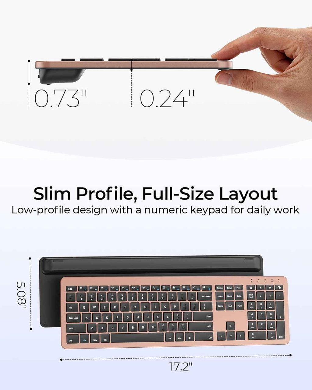 Wireless Keyboard and Mouse Combo, Rechargeable Quiet Keyboard Mouse, Sleek and Ultra Thin Design, Full-Size with Number Pad for Windows, Laptop, PC, Notebook, Desktop- Rose Gold & Black