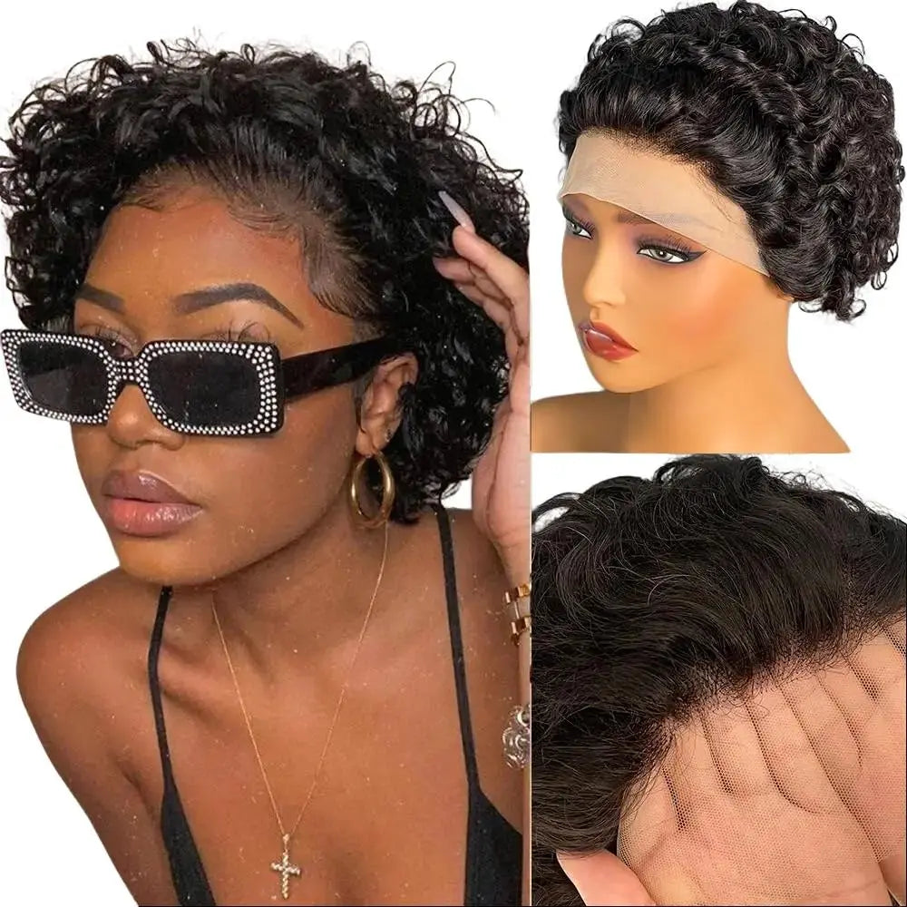 [Bling Hair] Pixie Cut Wig Human Hair 13X1 Lace Frontal Wigs Short Bob Human Hair Wig for Women Spring Curl Natural Black Color Curly Bob Wig True Scalp Wig
