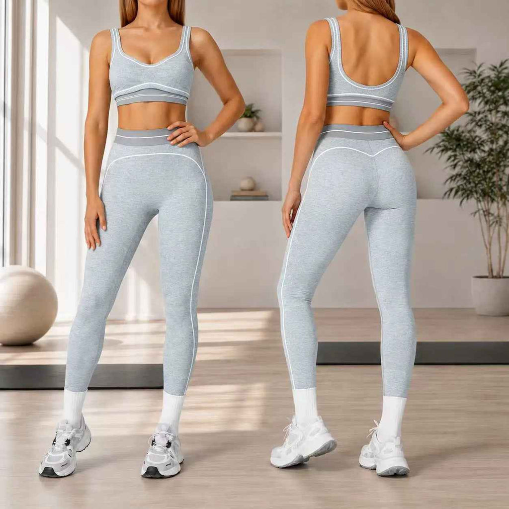 Trend Contrast Stripe Trim Sport Two Piece Set, Breathable Buttery Soft Seamless Yoga Bra & Hip Shaping Leggings Activewear Suit