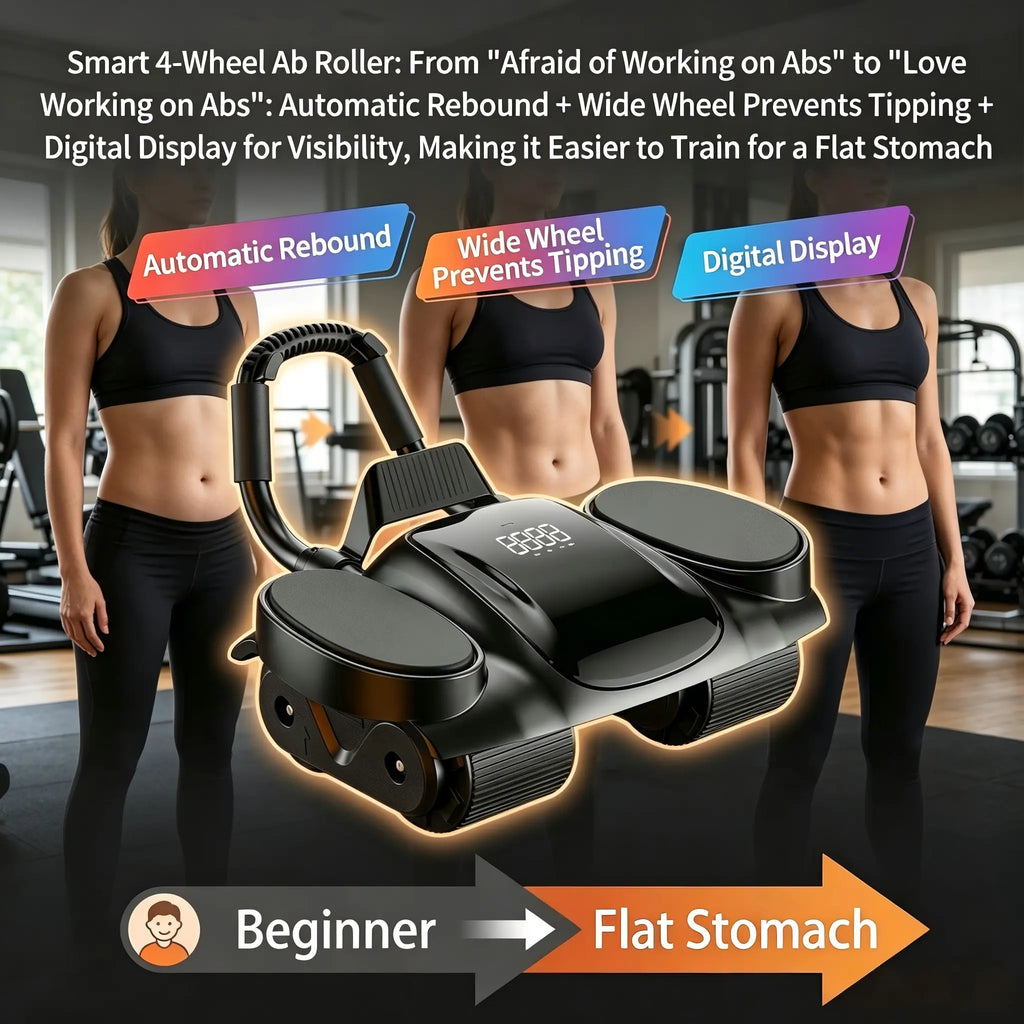 4 Wheel Auto Rebound Ab Roller with Digital Counter, Thick Elbow Pad & Phone Holder, Smooth Core、 Trainer for Home Gym Unisex Fitness Equipment Abdominal Exercise Equipment Abdominal Workout Machine Foam Roller Ab Roller Ab Roller Wheel Glutes Trainer