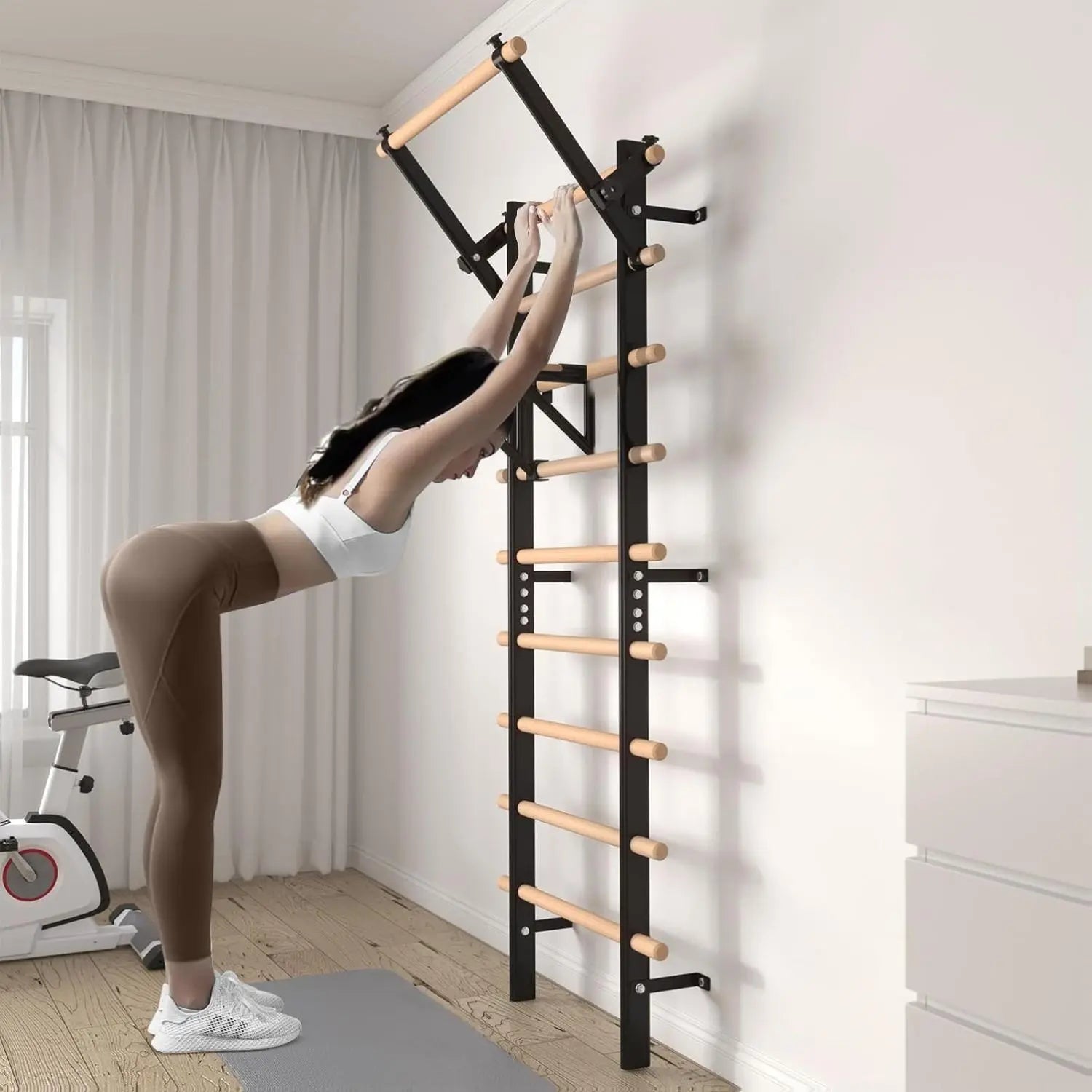 Swedish Ladder Wood Stall Bar, Suspension Trainer with Pull-Up Bar and Dip Bar Attachments, Wooden Stall Bar with 9 Strategic Rods for Core Strengthening and Stretching Balanced for Body Exercises