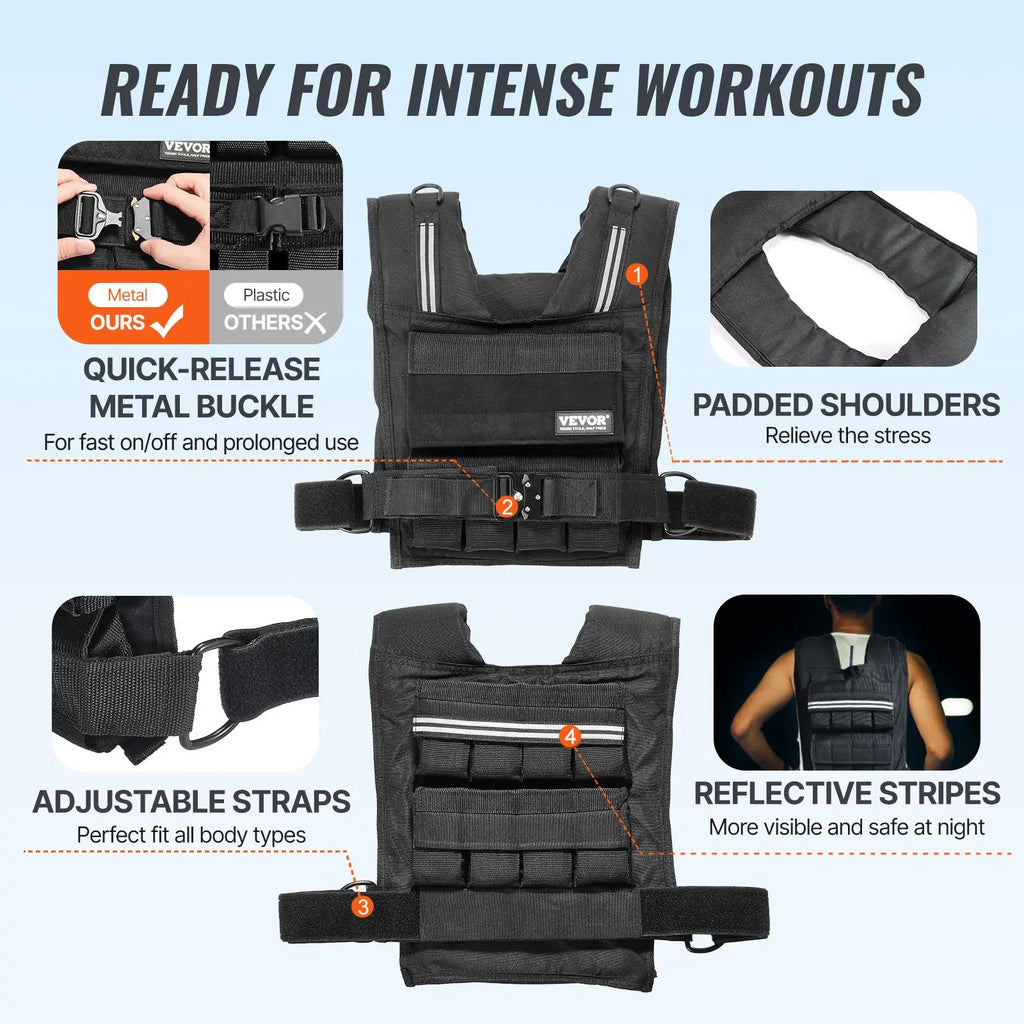 【Dealsforyoudays】Vevor Adjustable Weighted Vest, 35Lb Weight Vest with Iron Weights, Shoulder Pad, and Reflective Stripe, Body Weight Vest Exercise Set for Men Women, Workout Equipment for Strength Training Running