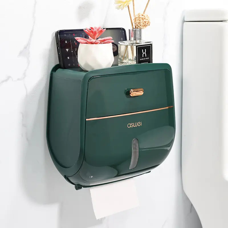 1-Piece Wall-Mounted Toilet Paper Holder, Double-Capacity Bathroom Tissue Waterproof Storage Box, Space-Saving Bathroom Organizer