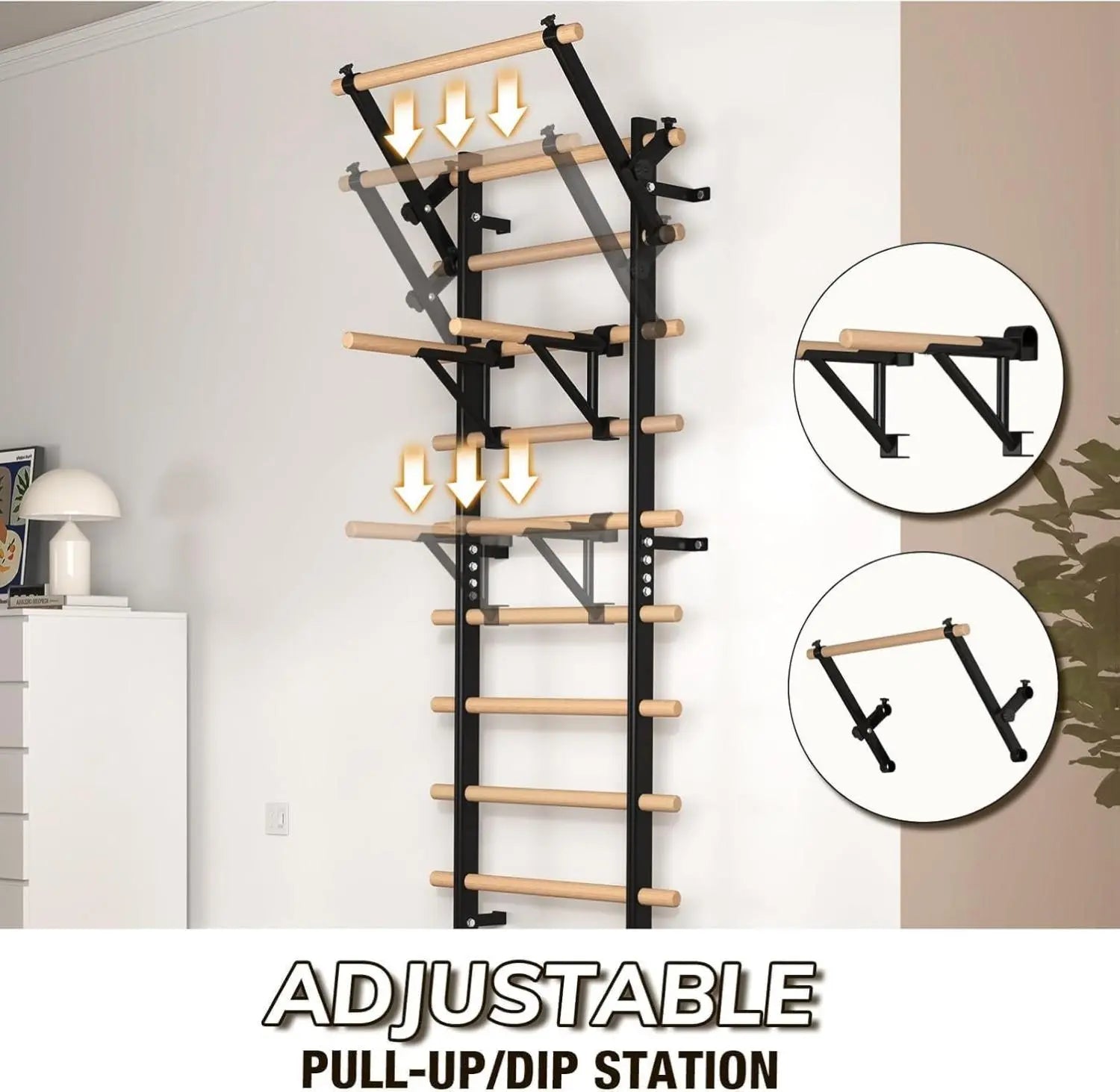 Swedish Ladder Wood Stall Bar, Suspension Trainer with Pull-Up Bar and Dip Bar Attachments, Wooden Stall Bar with 9 Strategic Rods for Core Strengthening and Stretching Balanced for Body Exercises