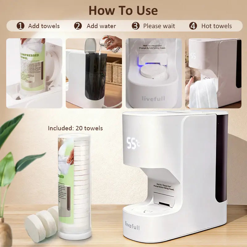 Livefull CL01 Facial Towel Warmer, Automatic Dispenser, 55°C Warm Towels, 20 Compressed Towels Included, Home Spa Device