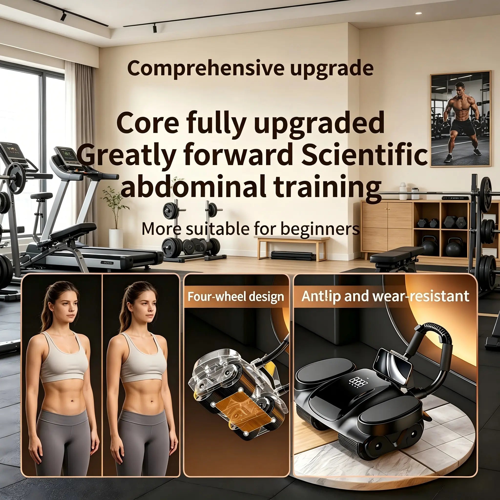 4 Wheel Auto Rebound Ab Roller with Digital Counter, Thick Elbow Pad & Phone Holder, Smooth Core、 Trainer for Home Gym Unisex Fitness Equipment Abdominal Exercise Equipment Abdominal Workout Machine Foam Roller Ab Roller Ab Roller Wheel Glutes Trainer