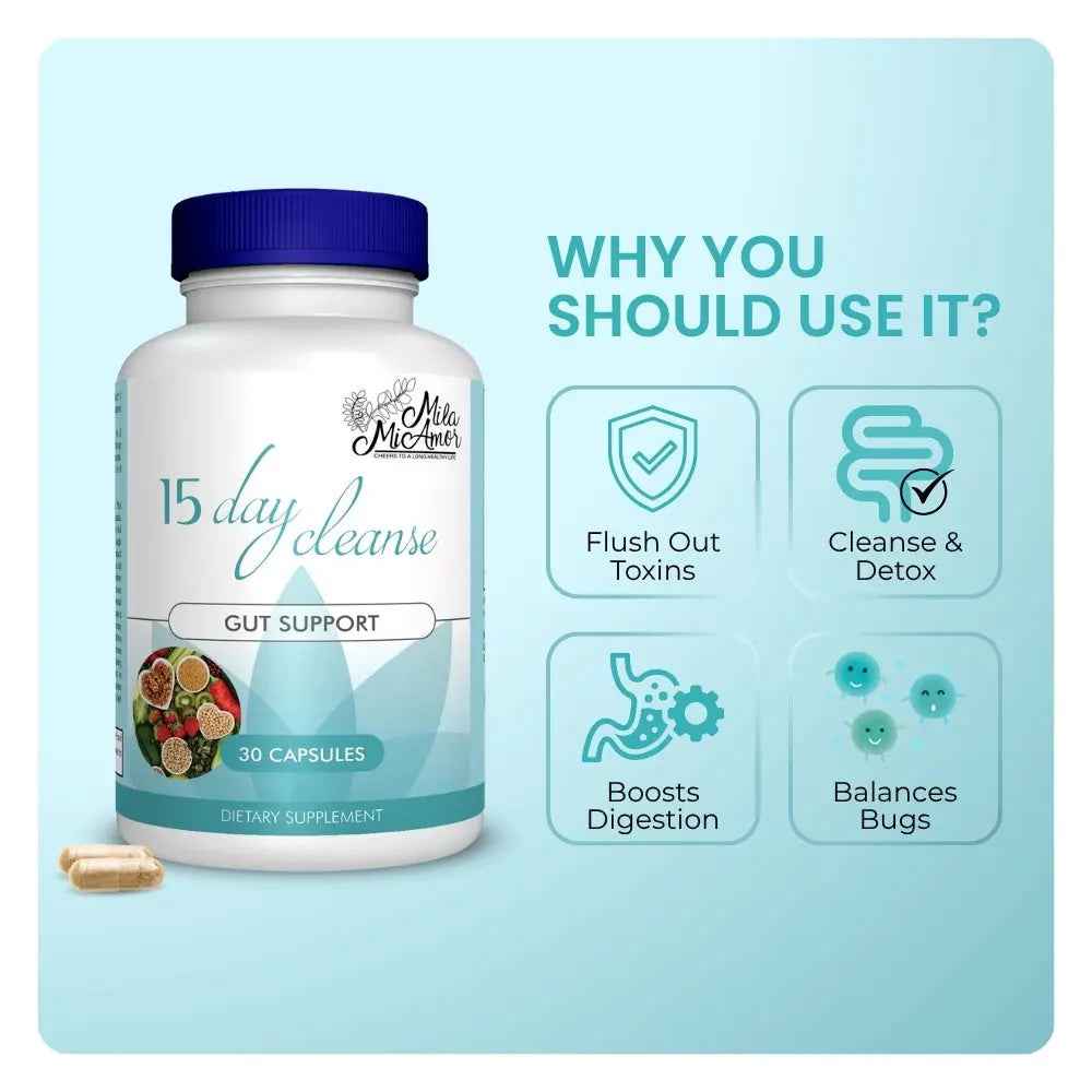 15 Day Cleanse - Gut and Colon Support | Caffeine Free | Advanced Formula with Senna, Cascara Sagrada, & Psyllium Husk | Non-Gmo | 30 Capsules