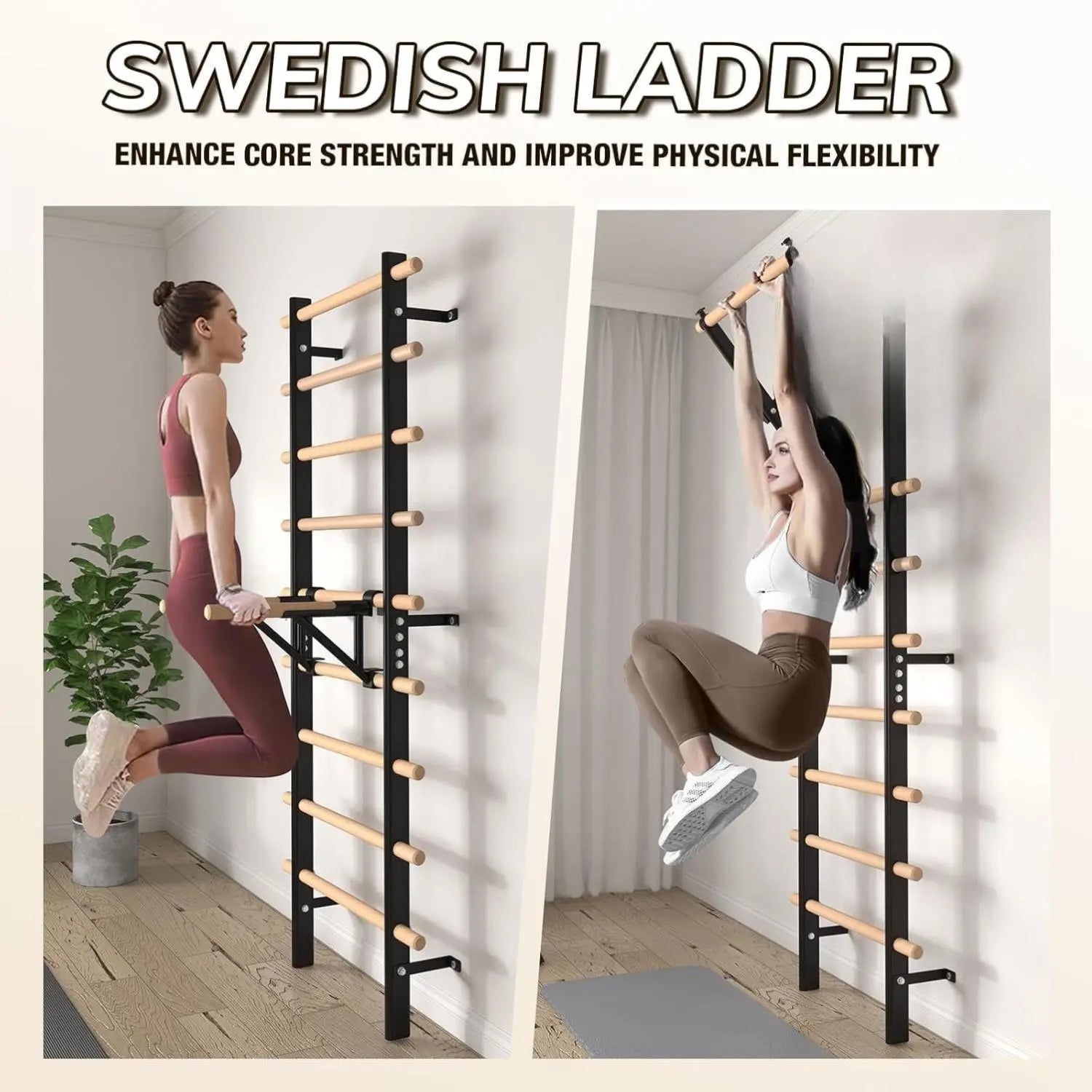 Swedish Ladder Wood Stall Bar, Suspension Trainer with Pull-Up Bar and Dip Bar Attachments, Wooden Stall Bar with 9 Strategic Rods for Core Strengthening and Stretching Balanced for Body Exercises