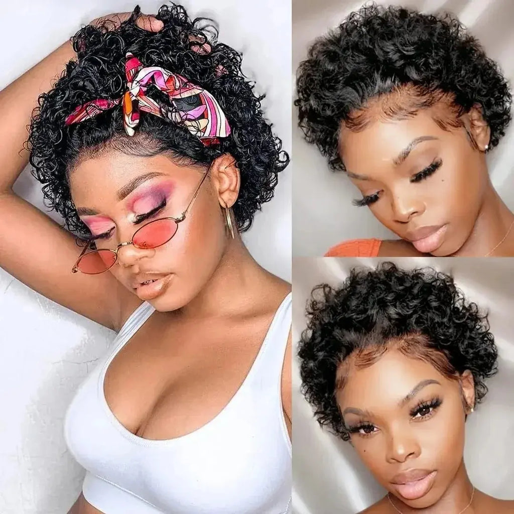 [Bling Hair] Pixie Cut Wig Human Hair 13X1 Lace Frontal Wigs Short Bob Human Hair Wig for Women Spring Curl Natural Black Color Curly Bob Wig True Scalp Wig