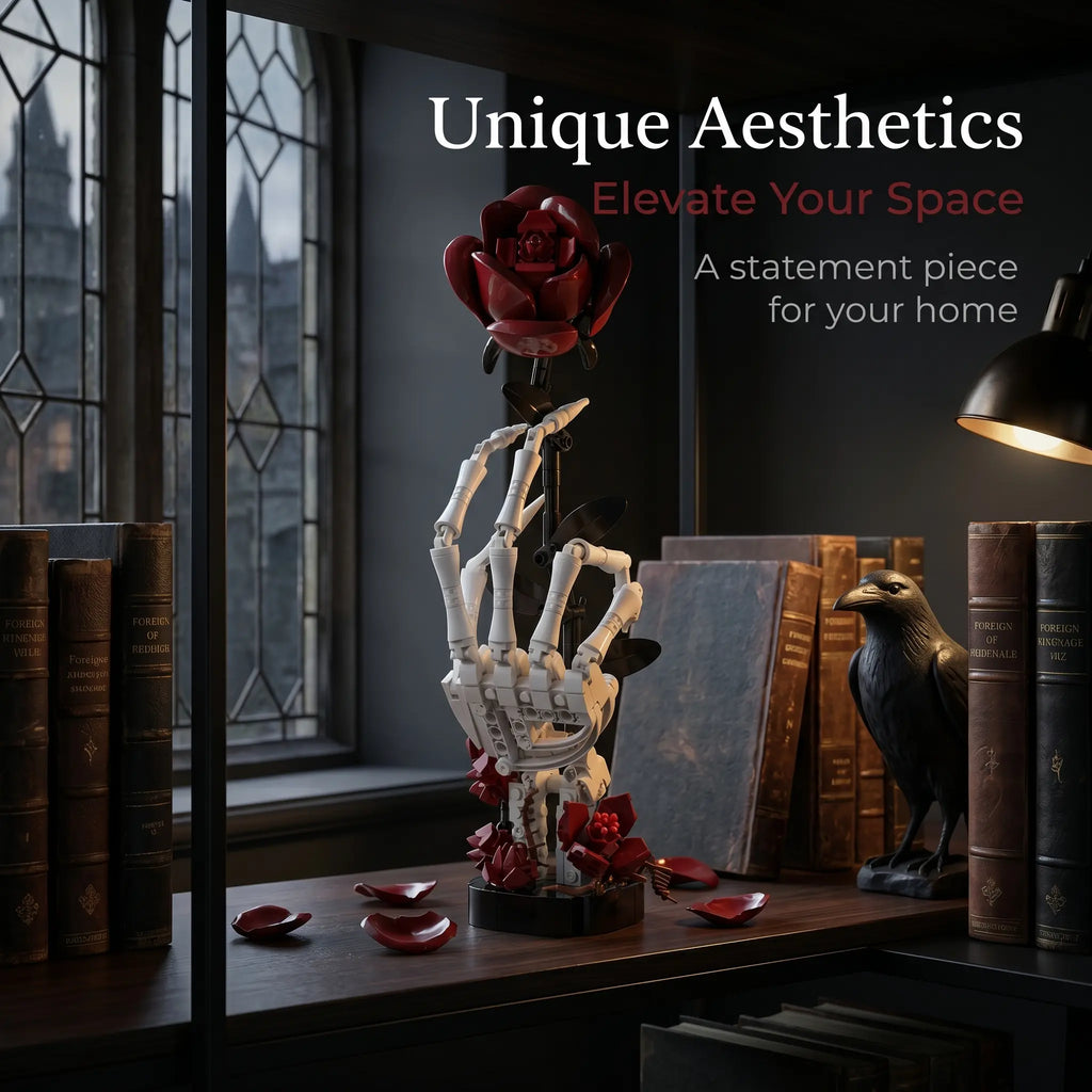 Gothic Skull Hand Rose Building Set – Dark Romantic Skeleton Hand Holding Rose, Viral Aesthetic Desk Decor, Horror-Inspired Room Display, Unique Gift Idea for Adults & Teens, Creative Model Kit