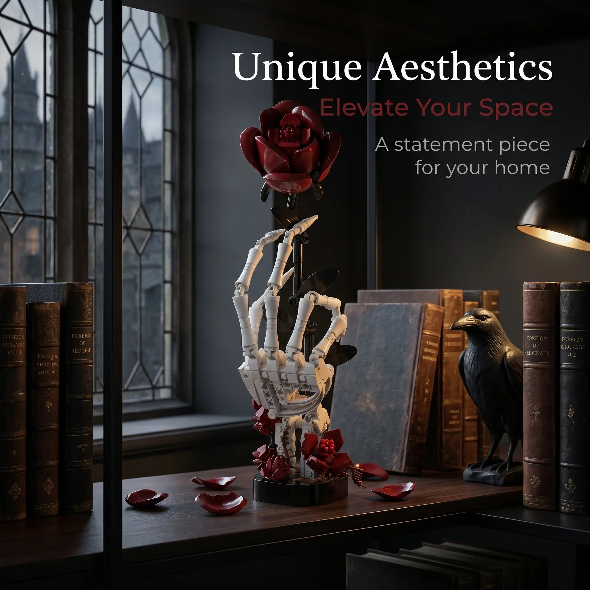 Gothic Skull Hand Rose Building Set – Dark Romantic Skeleton Hand Holding Rose, Viral Aesthetic Desk Decor, Horror-Inspired Room Display, Unique Gift Idea for Adults & Teens, Creative Model Kit