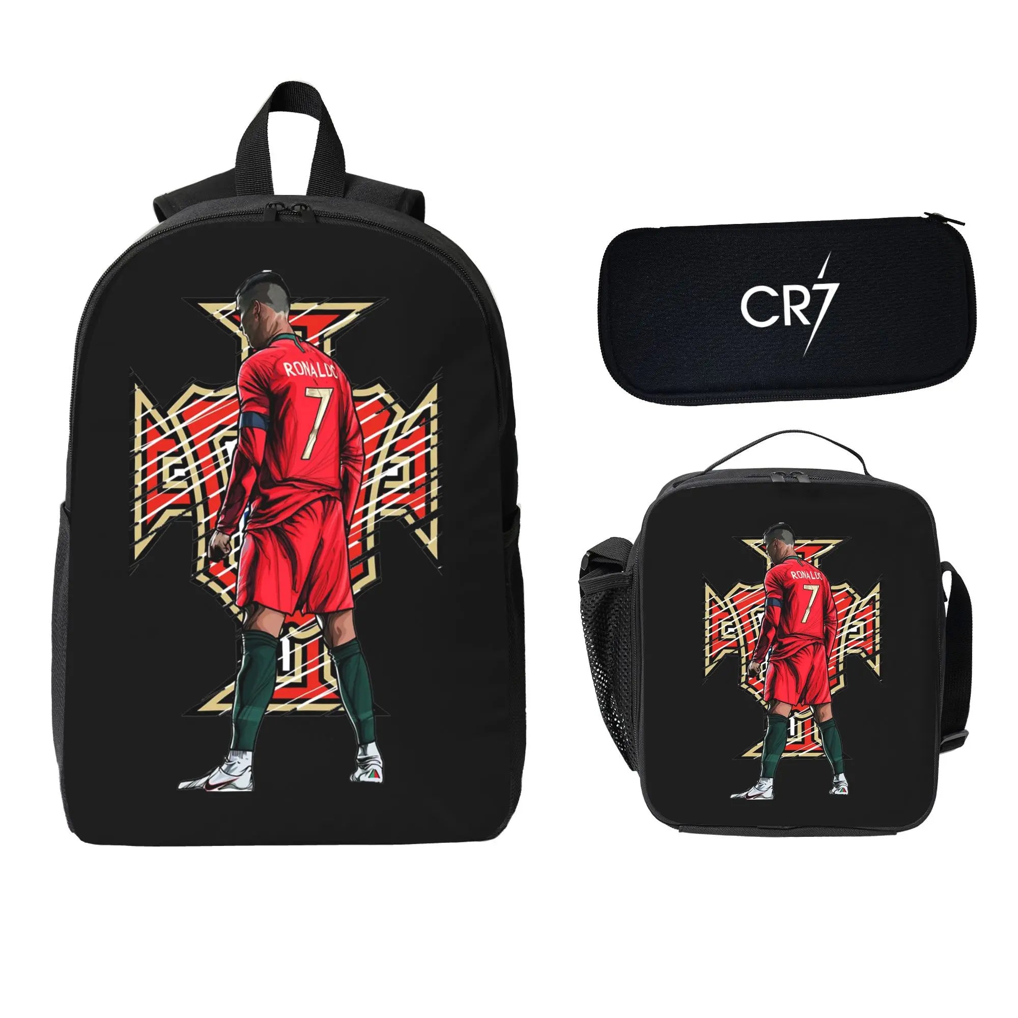 CR7 Soccer School Backpack Set for School Bag with Lunch Bag Pencil Case 3Pcs Set Idea for Student School
