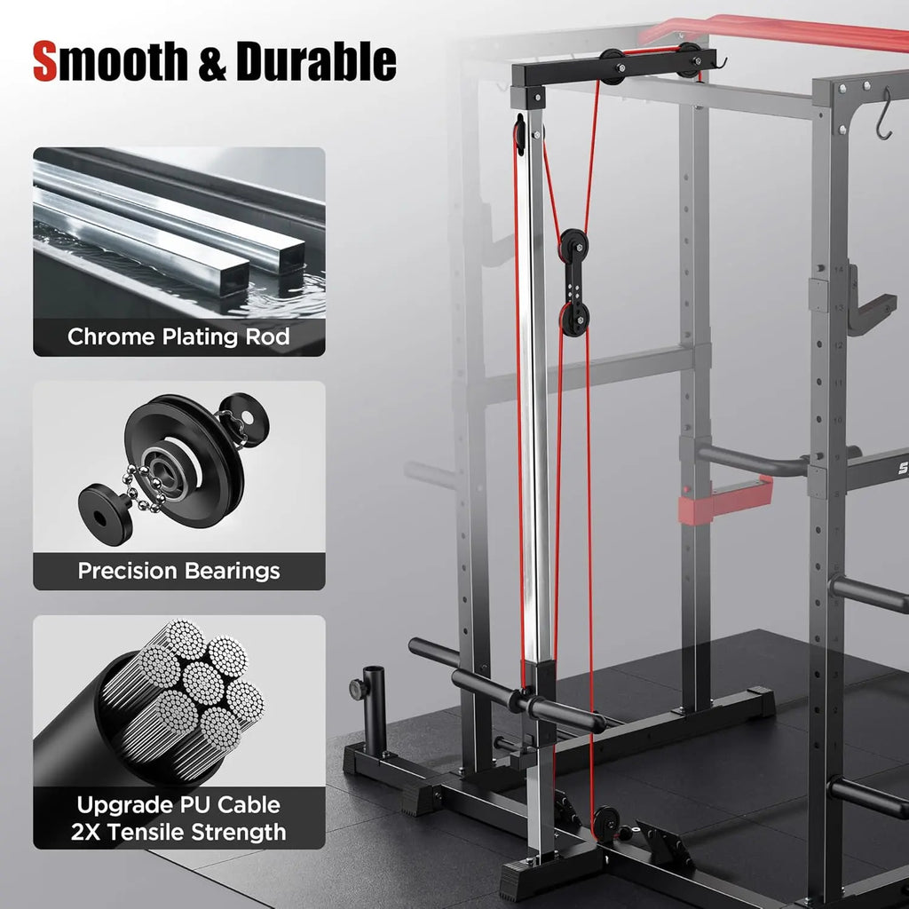 FED FITNESS Power Rack, Multi-Functional Power Cage Only, Squat Rack with Pulley System & LAT Pull Down, Workout Cage with J Hooks for Home Gym, Red or Blue