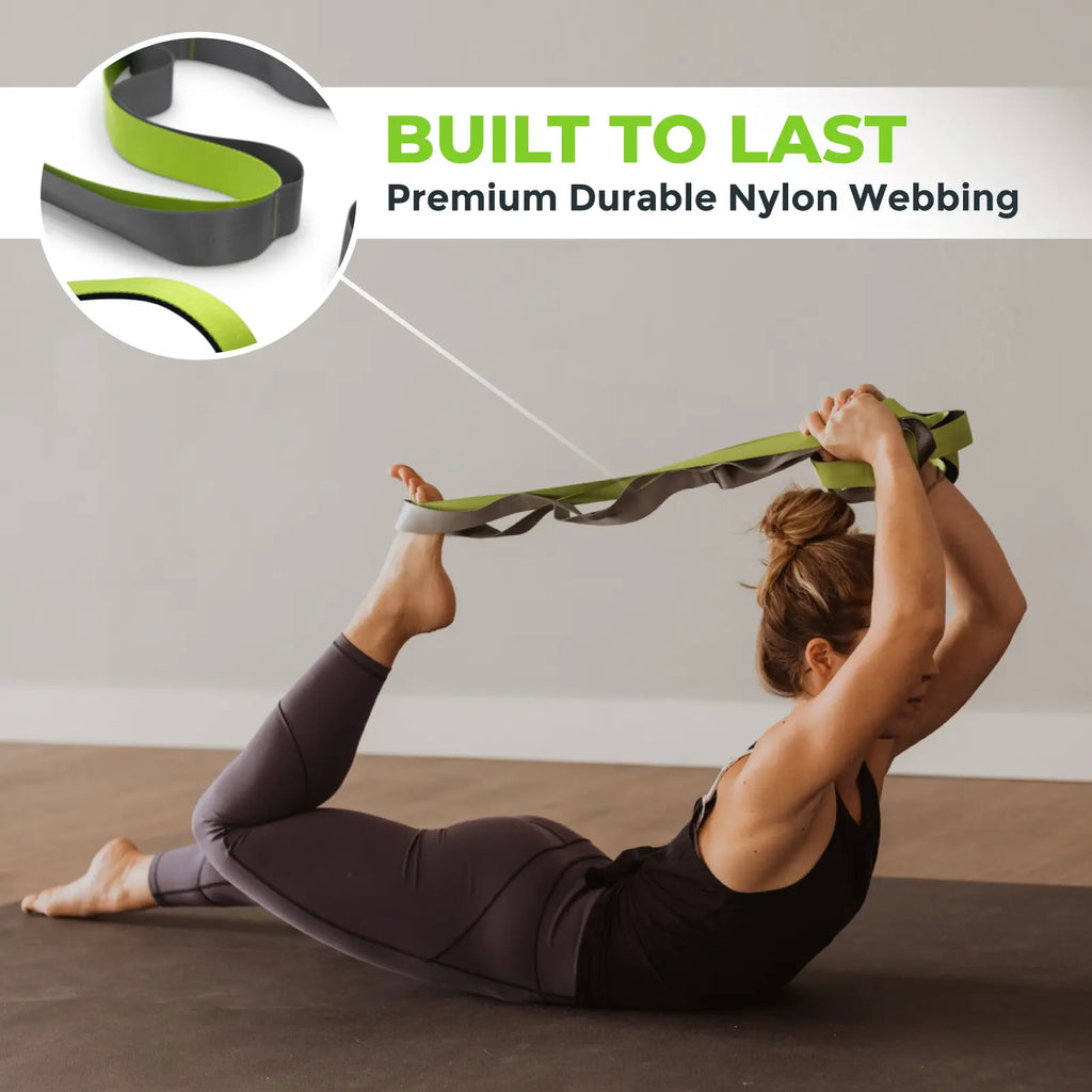 Gradient Fitness Stretching Strap Wide Grip 1.5 Inch X 8 Feet - 12 Multi Loop Non Elastic Nylon Stretch Band with Neoprene Handles, Storage Bag and 12 Exercise Poster - 4 Color Options