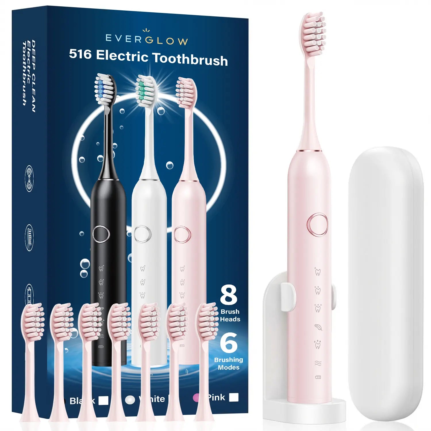 Premium Quality, Insanely Cheap! Everglow Electric USB Charging Toothbrush, 1 Count Soft Bristles Toothbrushes & 4 Counts Brush Head & 1 Count Charging Cable, Intelligent Cleaning Toothbrushes, Gift