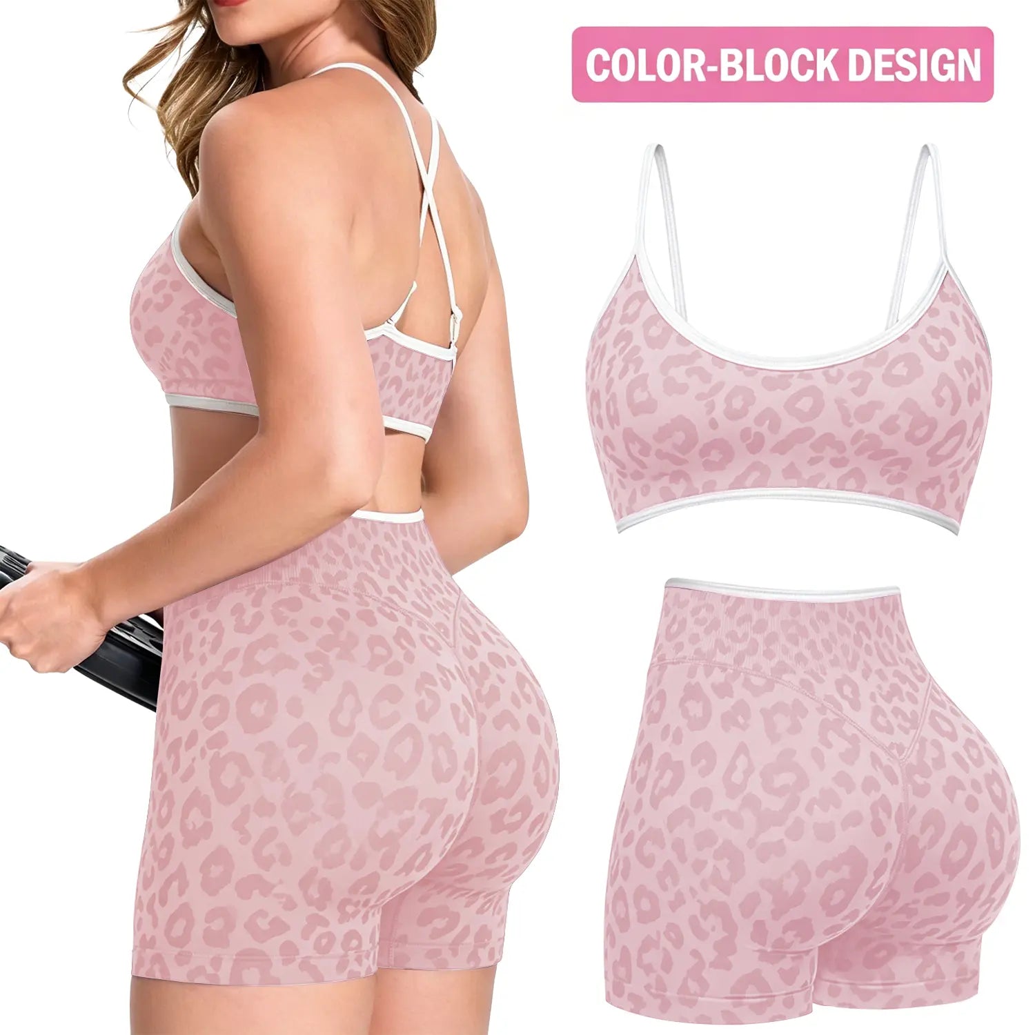 Jetjoy 2 Pieces Workout Sets for Women, Leopard Womens 2 Piece Workout Sets Seamless Color Block Spaghetti Straps Sports Bra Scrunch Butt Lifting High Waist Shorts Gym Set Tracksuit