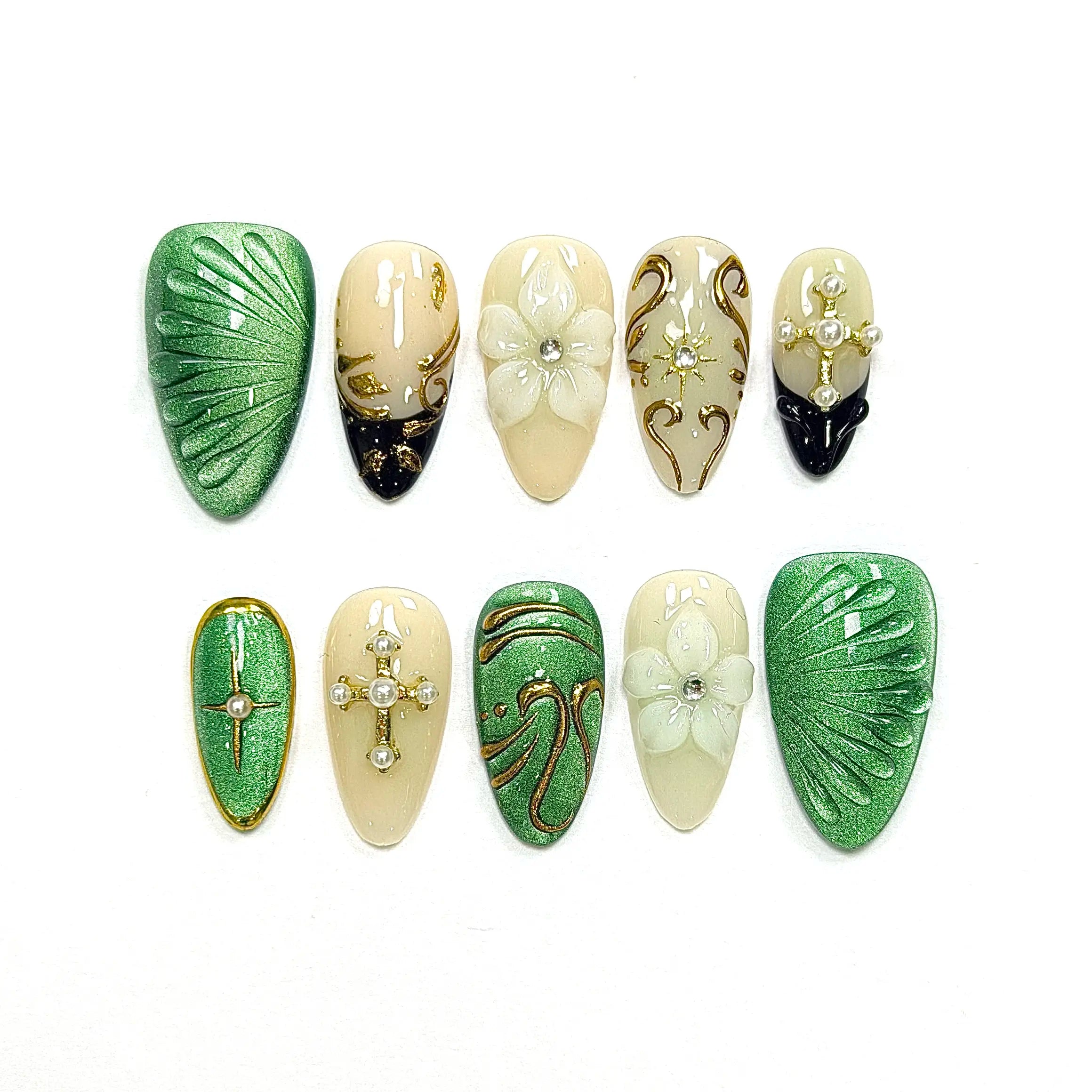 Gakunails MEDIUM ALMOND Collection - 23Mm Length Handmade Press on Nails with Toolkit & Reusable Design for Eco-Friendly Beauty Sticky Tabs Debonder