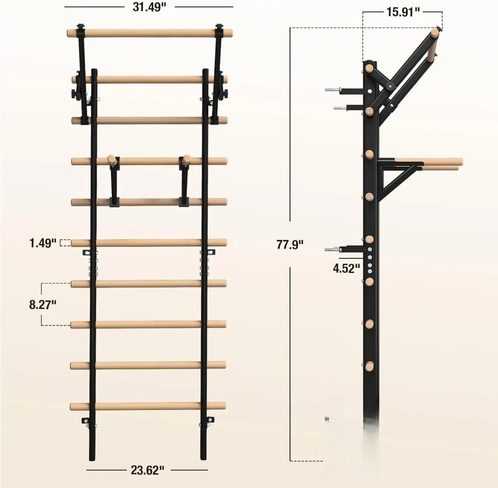 Swedish Ladder Wood Stall Bar, Suspension Trainer with Pull-Up Bar and Dip Bar Attachments, Wooden Stall Bar with 9 Strategic Rods for Core Strengthening and Stretching Balanced for Body Exercises