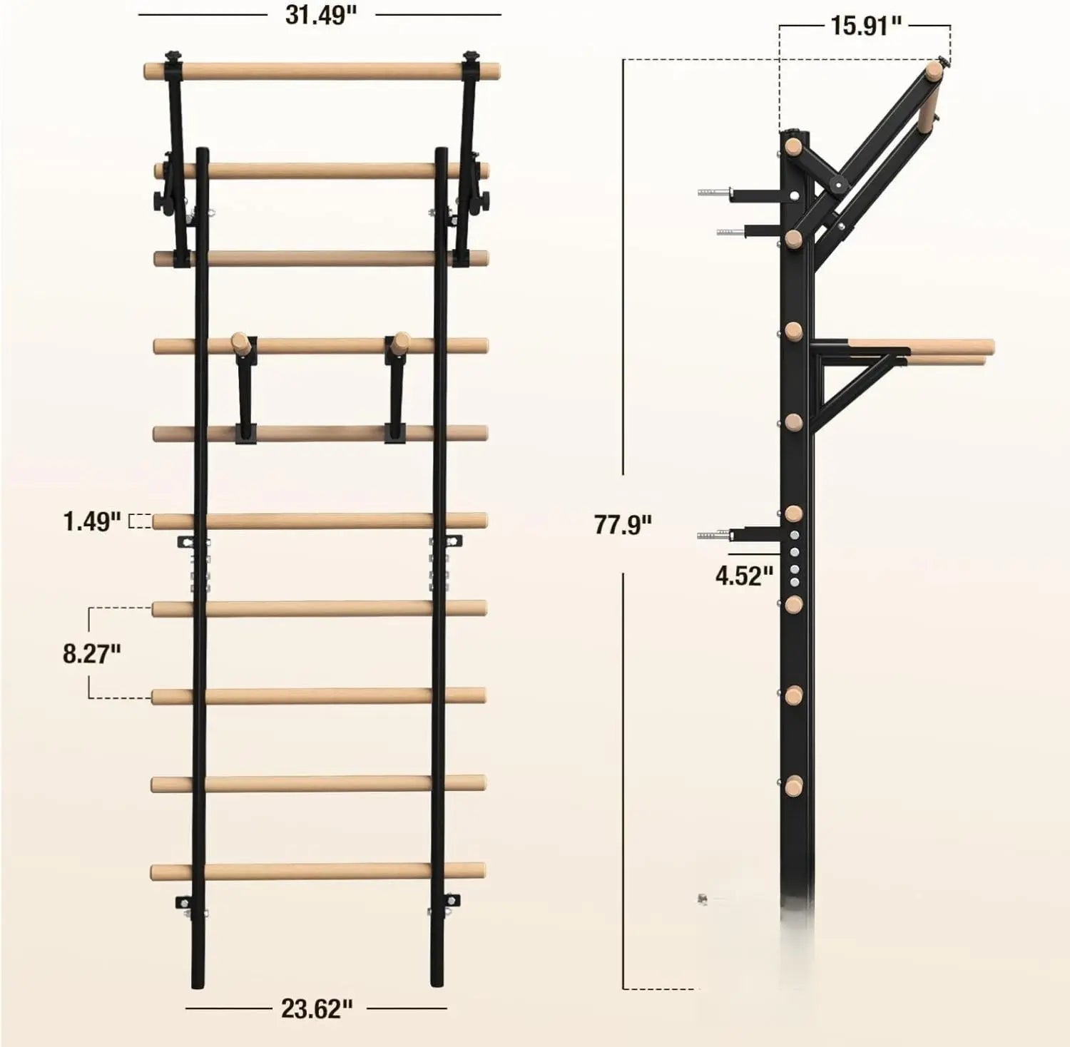 Swedish Ladder Wood Stall Bar, Suspension Trainer with Pull-Up Bar and Dip Bar Attachments, Wooden Stall Bar with 9 Strategic Rods for Core Strengthening and Stretching Balanced for Body Exercises