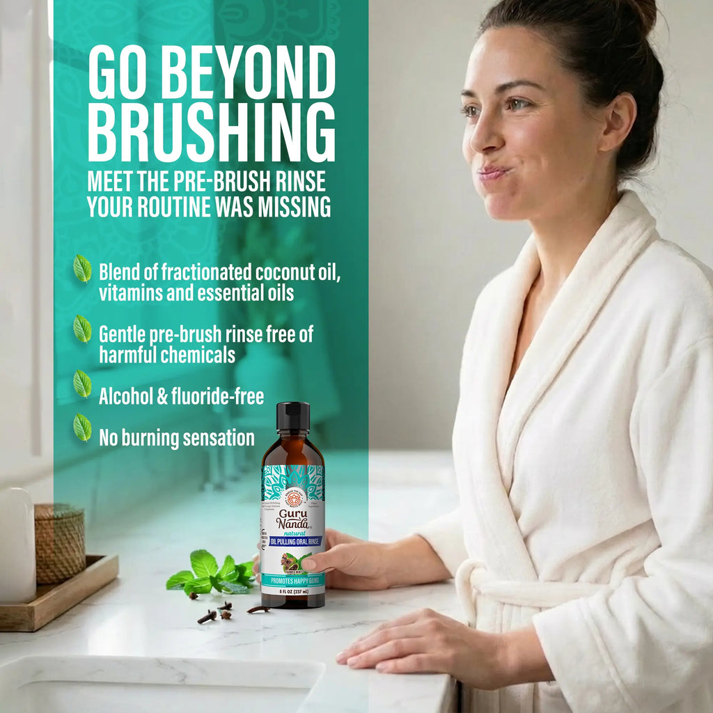Gurunanda Cocomint Oil Pulling Mouthwash with 7 Essential Oils & 3 Vitamins, Promotes Fresh Breath & Happy Gums, Alcohol-Free, 8 Fl Oz