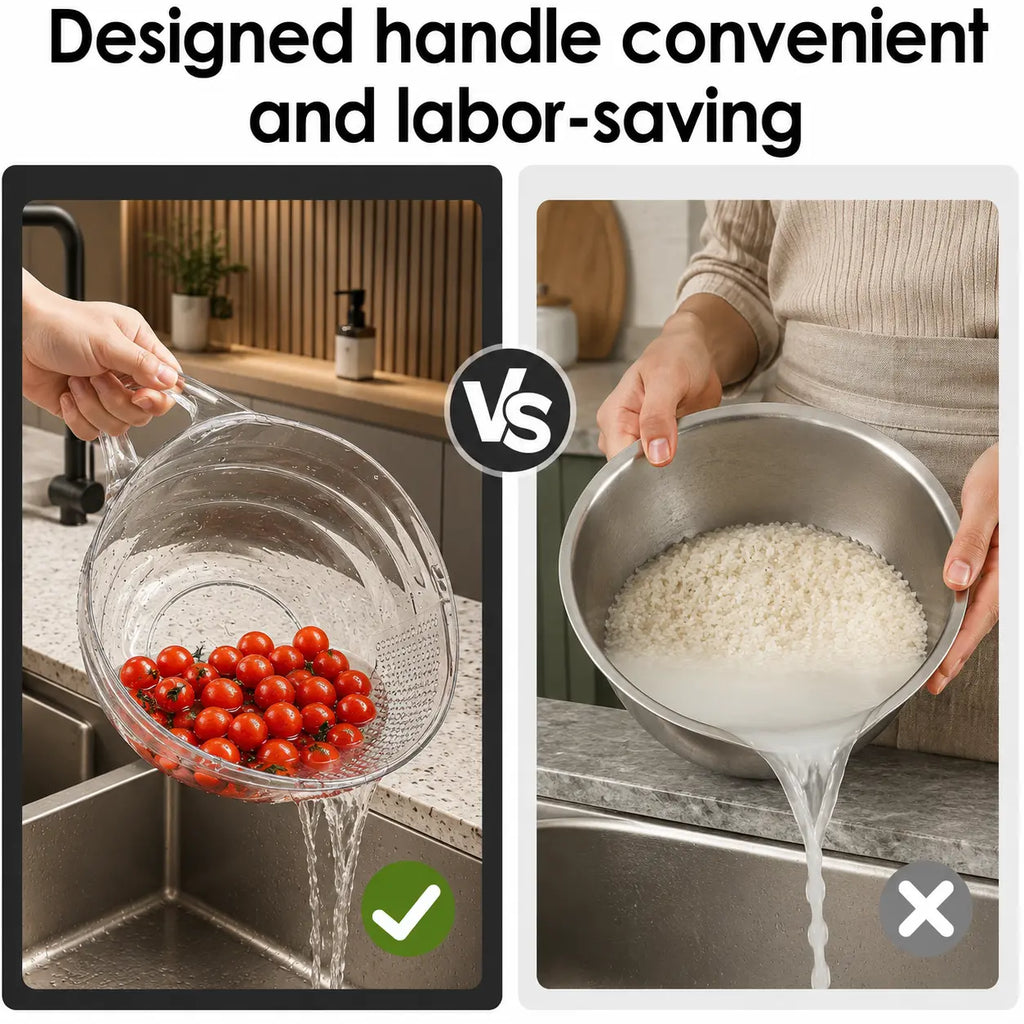 Aesthetic Multifunctional Rice Strainer with Handle - Sturdy Bpa-Free Transparent Plastic Kitchen Utensils, Colander for Draining Vegetables, Fruits, Cheese, Coffee Dispenser Set