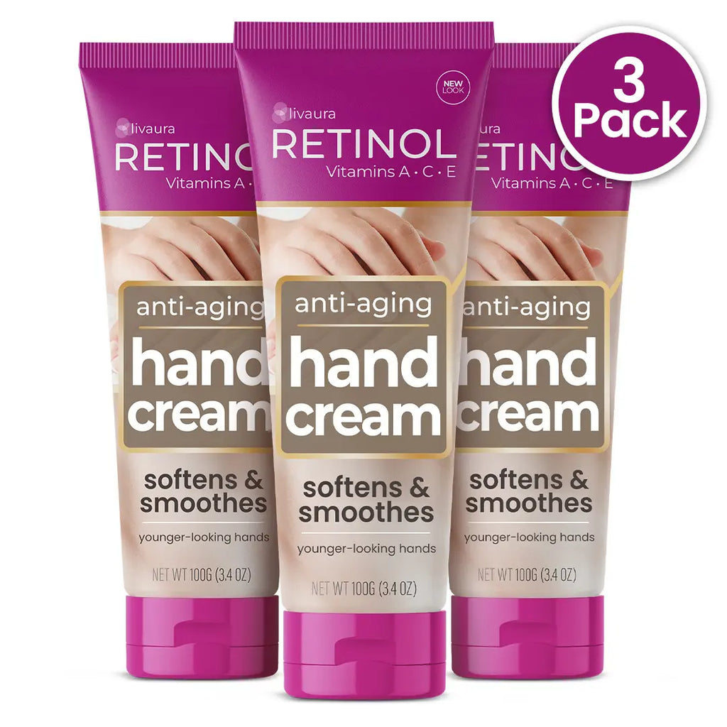 3-Pack: Retinol Anti-Aging Hand Cream - Vitamin a Retinol + Vitamins C & E + Green Tea Extract - Hands, Nails & Cuticles - LIVAURA