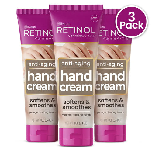 3-Pack: Retinol Anti-Aging Hand Cream - Vitamin a Retinol + Vitamins C & E + Green Tea Extract - Hands, Nails & Cuticles - LIVAURA