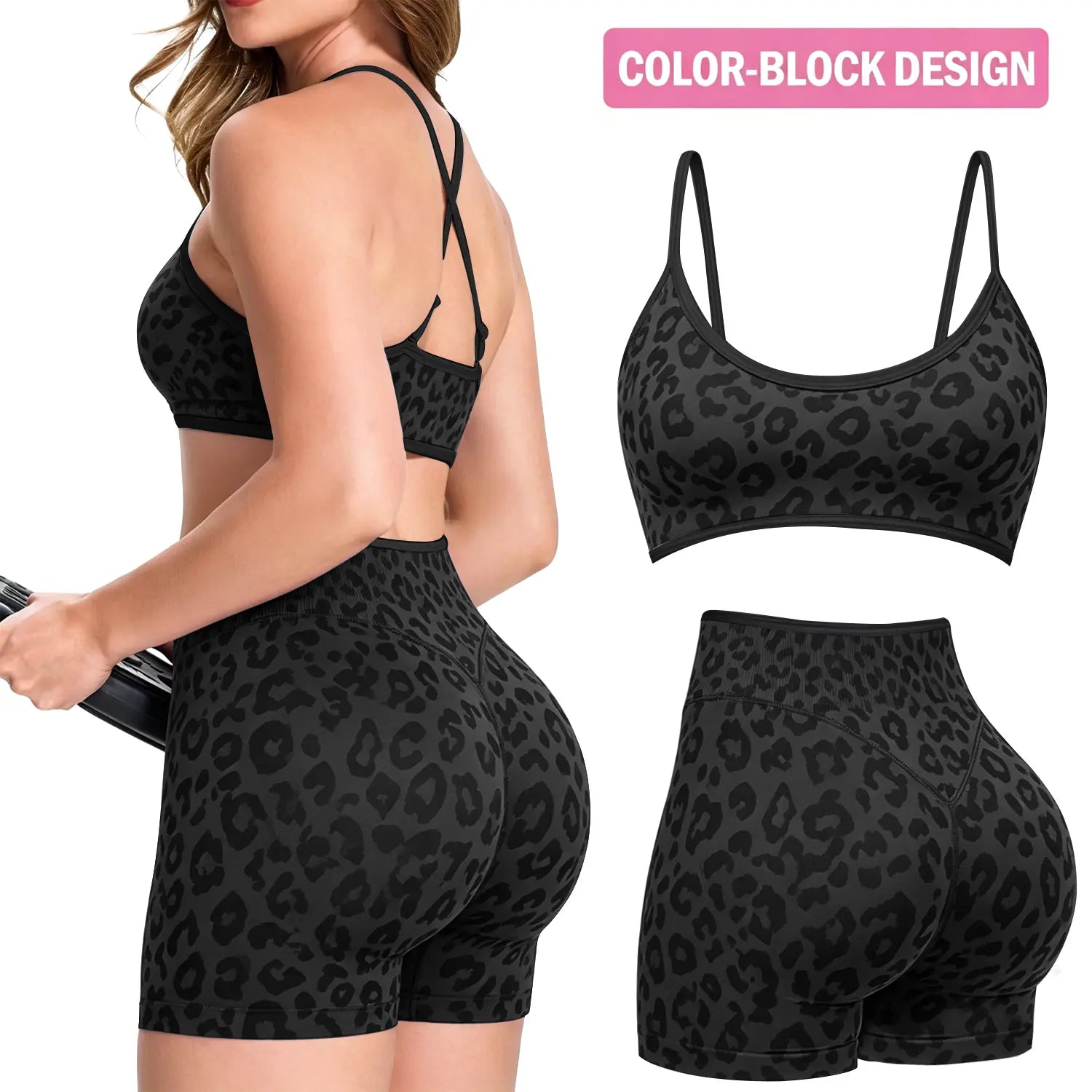 Jetjoy 2 Pieces Workout Sets for Women, Leopard Womens 2 Piece Workout Sets Seamless Color Block Spaghetti Straps Sports Bra Scrunch Butt Lifting High Waist Shorts Gym Set Tracksuit