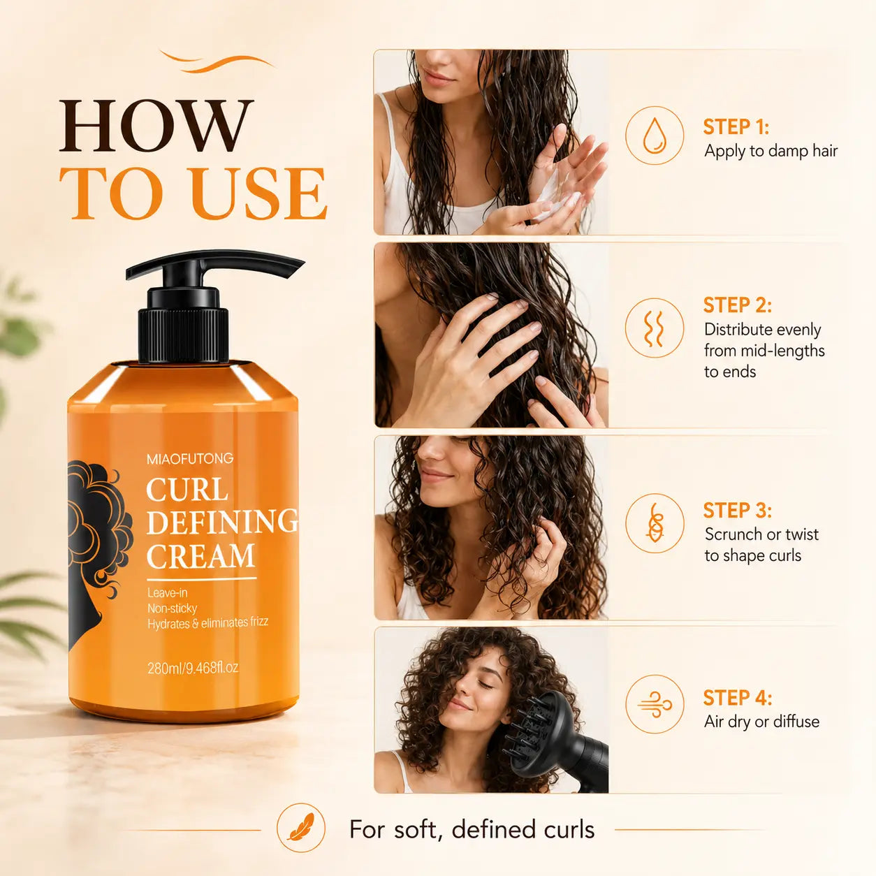 Curl Defining Cream 280Ml for Wavy & Curly Hair, Lightweight Leave-In Styling Cream Helps Smooth Frizz, Moisturize Dry-Feeling Hair, Reduce Static, Add Soft Bounce & Natural Curl Definition