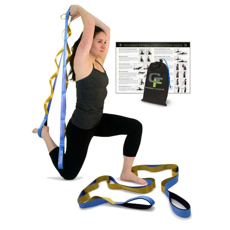 Gradient Fitness Stretching Strap Wide Grip 1.5 Inch X 8 Feet - 12 Multi Loop Non Elastic Nylon Stretch Band with Neoprene Handles, Storage Bag and 12 Exercise Poster - 4 Color Options
