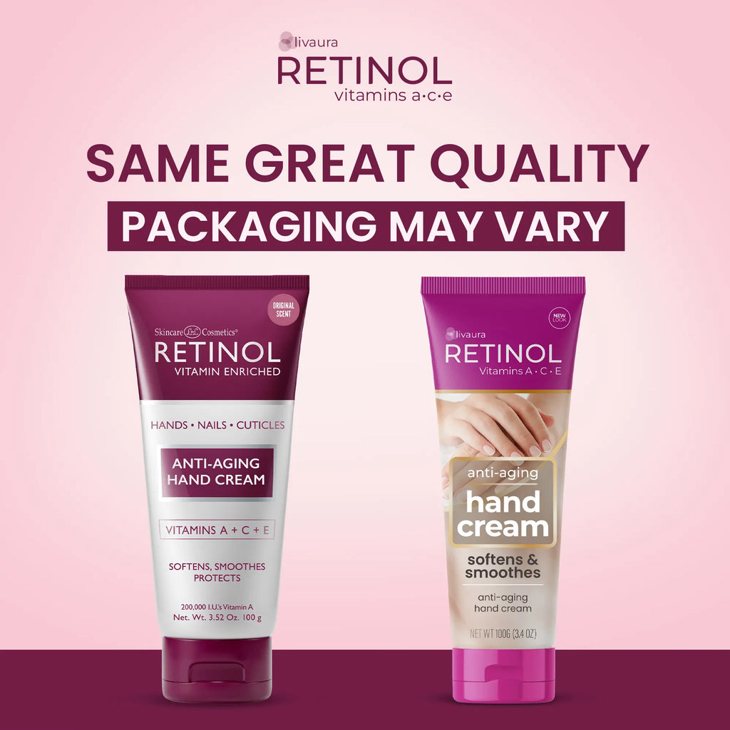 3-Pack: Retinol Anti-Aging Hand Cream - Vitamin a Retinol + Vitamins C & E + Green Tea Extract - Hands, Nails & Cuticles - LIVAURA