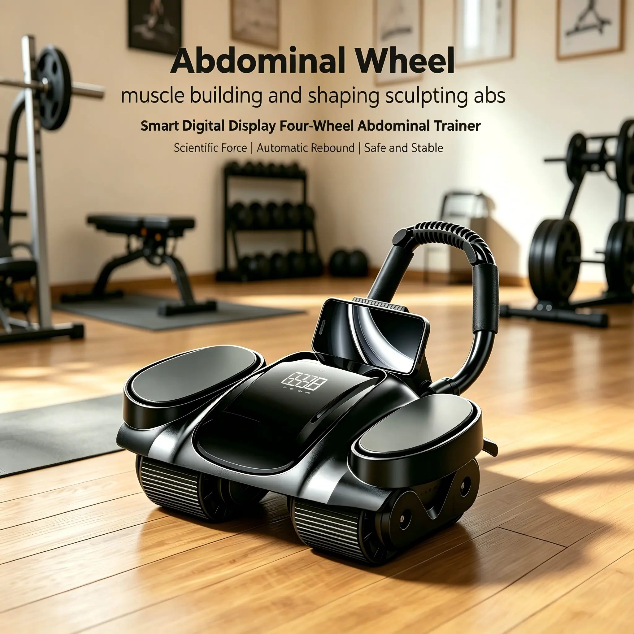 4 Wheel Auto Rebound Ab Roller with Digital Counter, Thick Elbow Pad & Phone Holder, Smooth Core、 Trainer for Home Gym Unisex Fitness Equipment Abdominal Exercise Equipment Abdominal Workout Machine Foam Roller Ab Roller Ab Roller Wheel Glutes Trainer