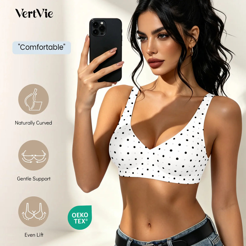 Vertvie Jelly Bra Polka Dots Deep V Seamless Bras Wireless Everyday T-Shirt Bra Plunge with Wide Straps Comfort & Sexy